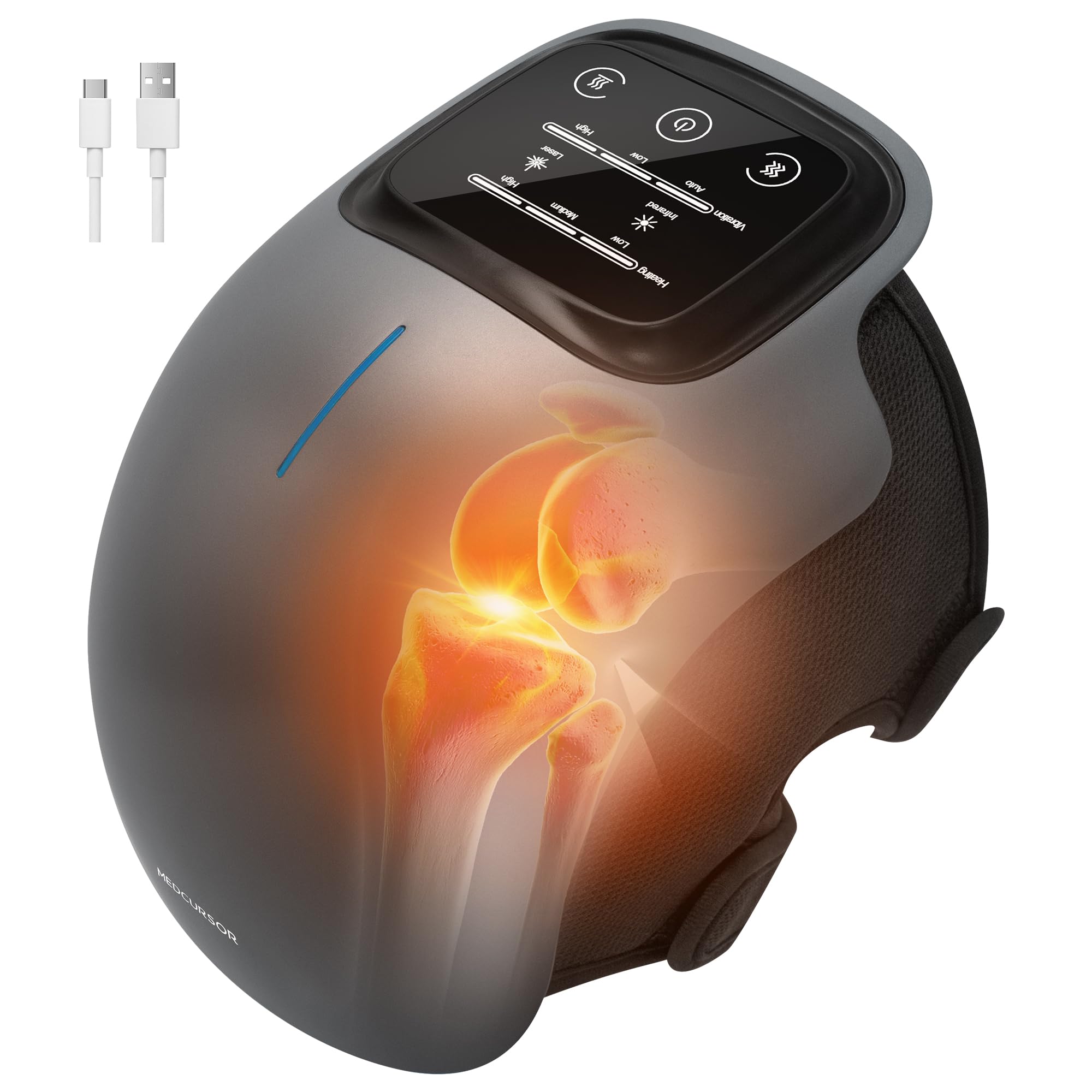 medcursor knee massager with heat, cordless heated knee massage for pain relief with 3 heating levels, 3 vibration modes, led screen, adjustable straps, gift for men and women