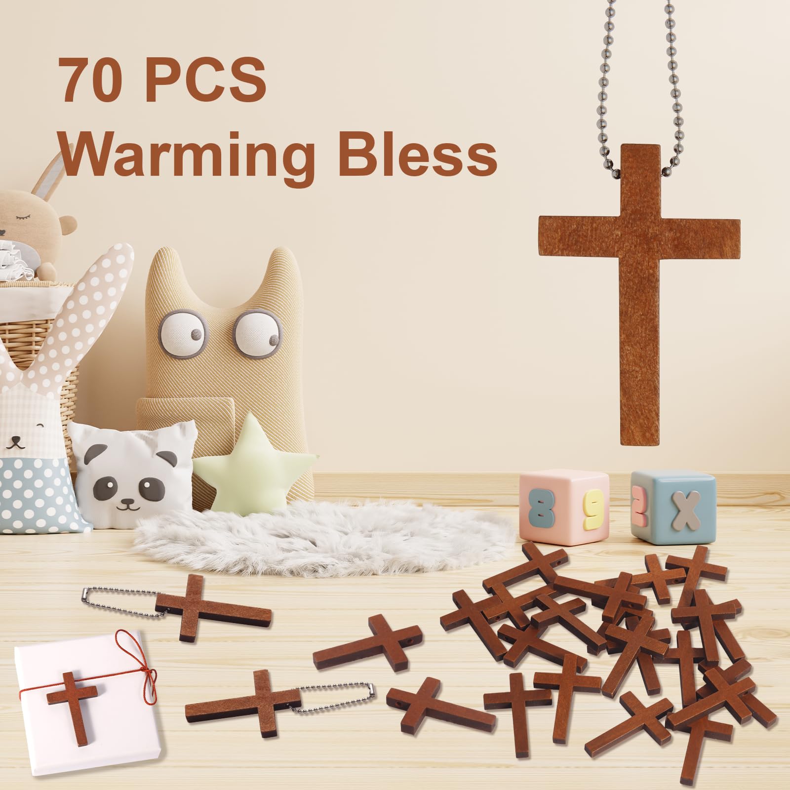 Gtudkae 1 Box Wooden Pocket Cross Contains 70 Cross Charms and 70 Chains, Pure Natural Wooden Crosses Pendants for Church Praying,Easter, Christian Gifts, Crafts for DIY Jewelry, Keychains - Image 8