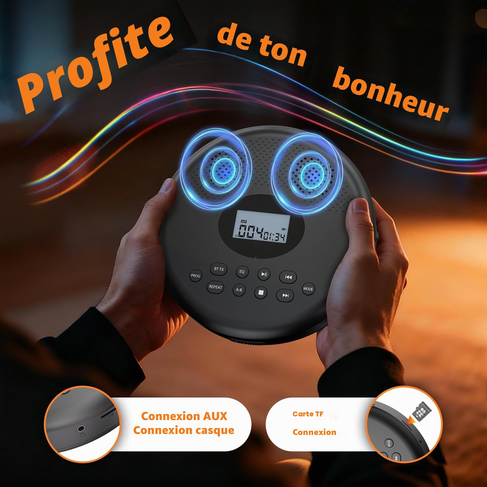 Lecteur CD Portable Arafuna Bluetooth Rechargeable, Haut-parleurs, Antichoc, écran LCD. 7 Modes de Lecture, 5 égaliseurs, Compatible TF/AUX. Compact, idéal Maison, Voiture et Voyages.