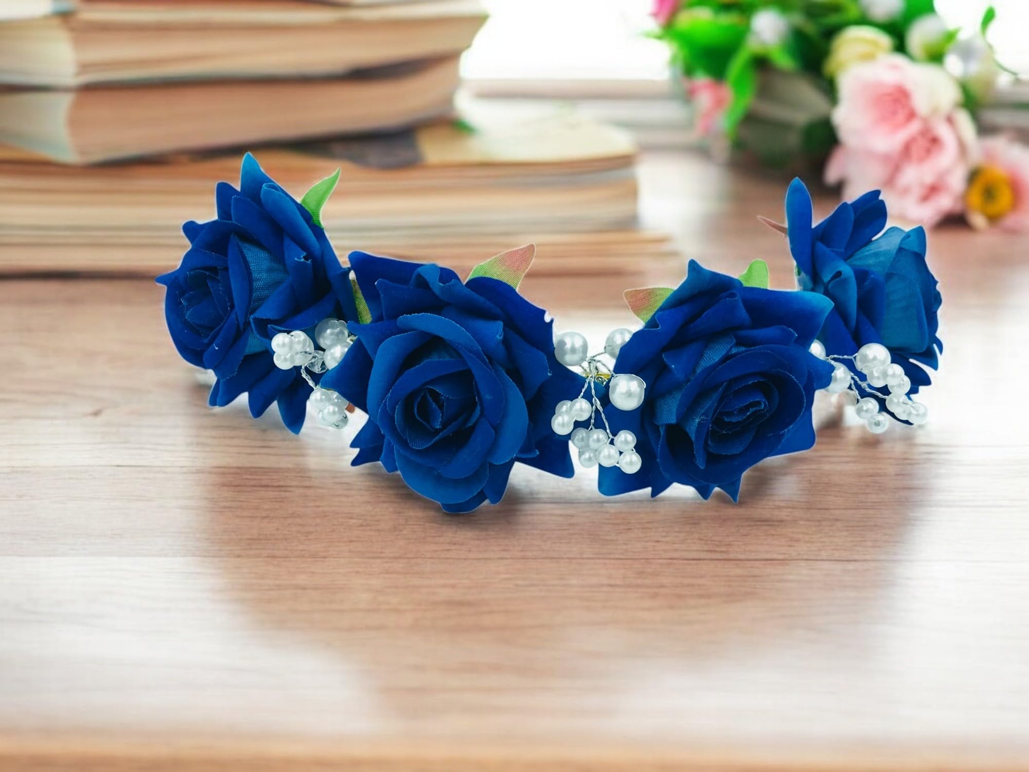 ™ Handmade Bridal Blue Rose Flower Hair Gajra, Floral Gajra For Women Party Bridal Wedding Fabric/Artificial Rose Flower Bun Juda Pack-01-image-12
