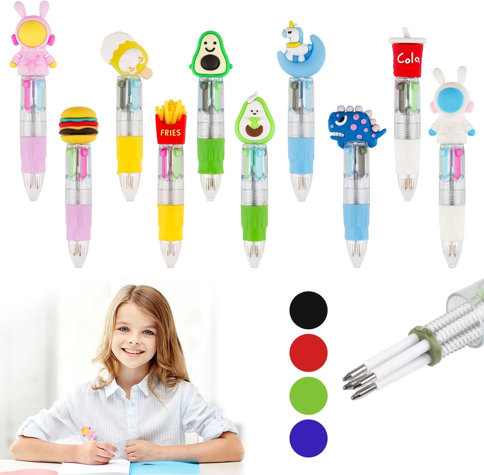 Deepton Multi Coloured Pens All in One, 4 Colours Pens for Kids, 10 Pack Mini Pen Set, Fun Cartoon Multicoloured Pen for Christmas Birthday Paper Party Bags