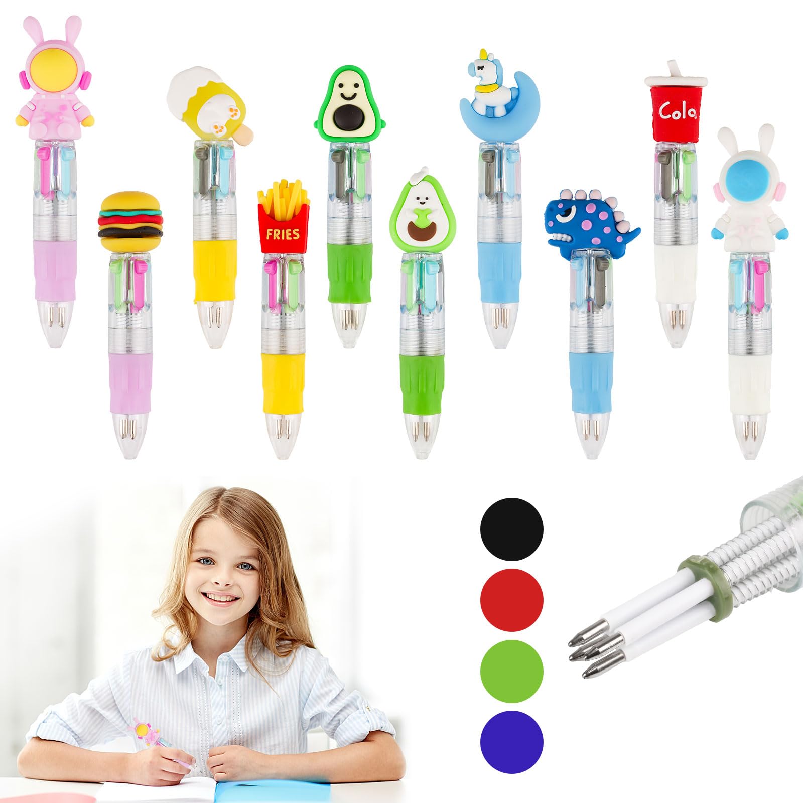 Deepton Multi Coloured Pens All in One, 4 Colours Pens for Kids, 10 Pack Mini Pen Set, Fun Cartoon Multicoloured Pen for Christmas Birthday Paper Party Bags