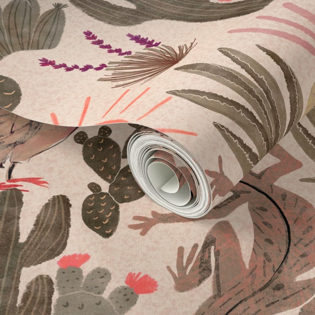 Peel & Stick Wallpaper 3ft x 2ft - Desert Earth Tones Sun Lizards Cactus Garden Southwestern Custom Removable Wallpaper by Spoonflower