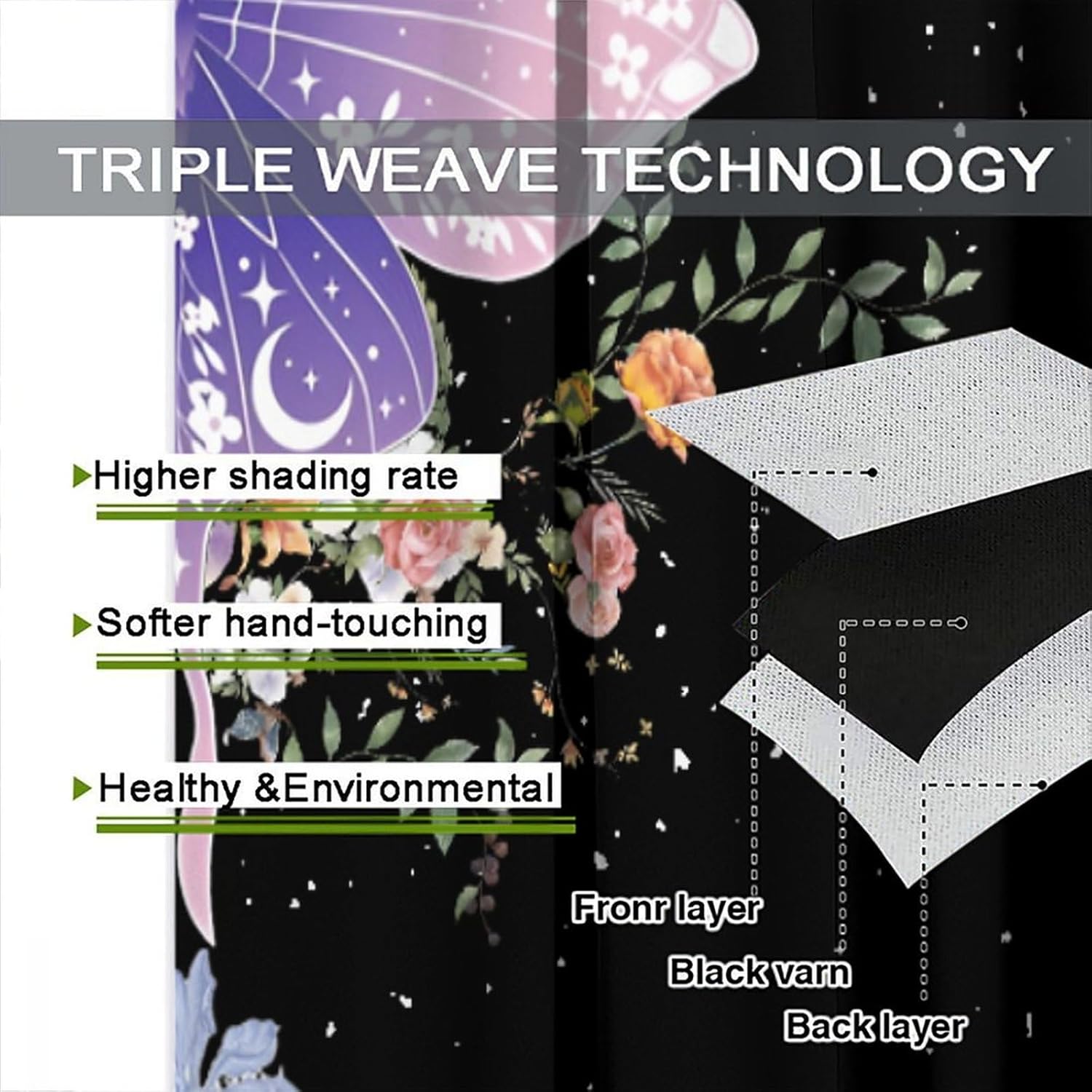 Girls Moth Floral Curtains,Watercolor Purple Butterfly Colorful Flowers Vintage Moon Fantasy Night Blackout Window Drapes for Bedroom Living Room 42" W X 45" L