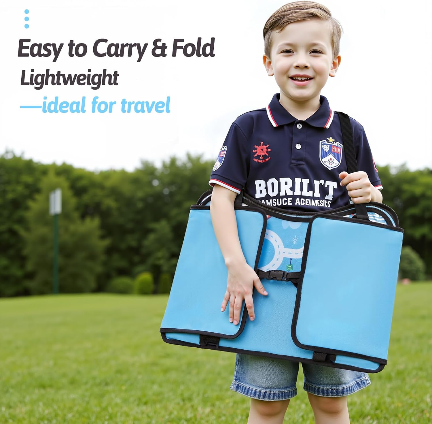 Kids Travel Tray for Car, Boy's Safety Seat Table, Carseat Lap Desk | Weight-Relief Strap, Non-Skid Silicone Base, Waterproof Dining/Craft Mat