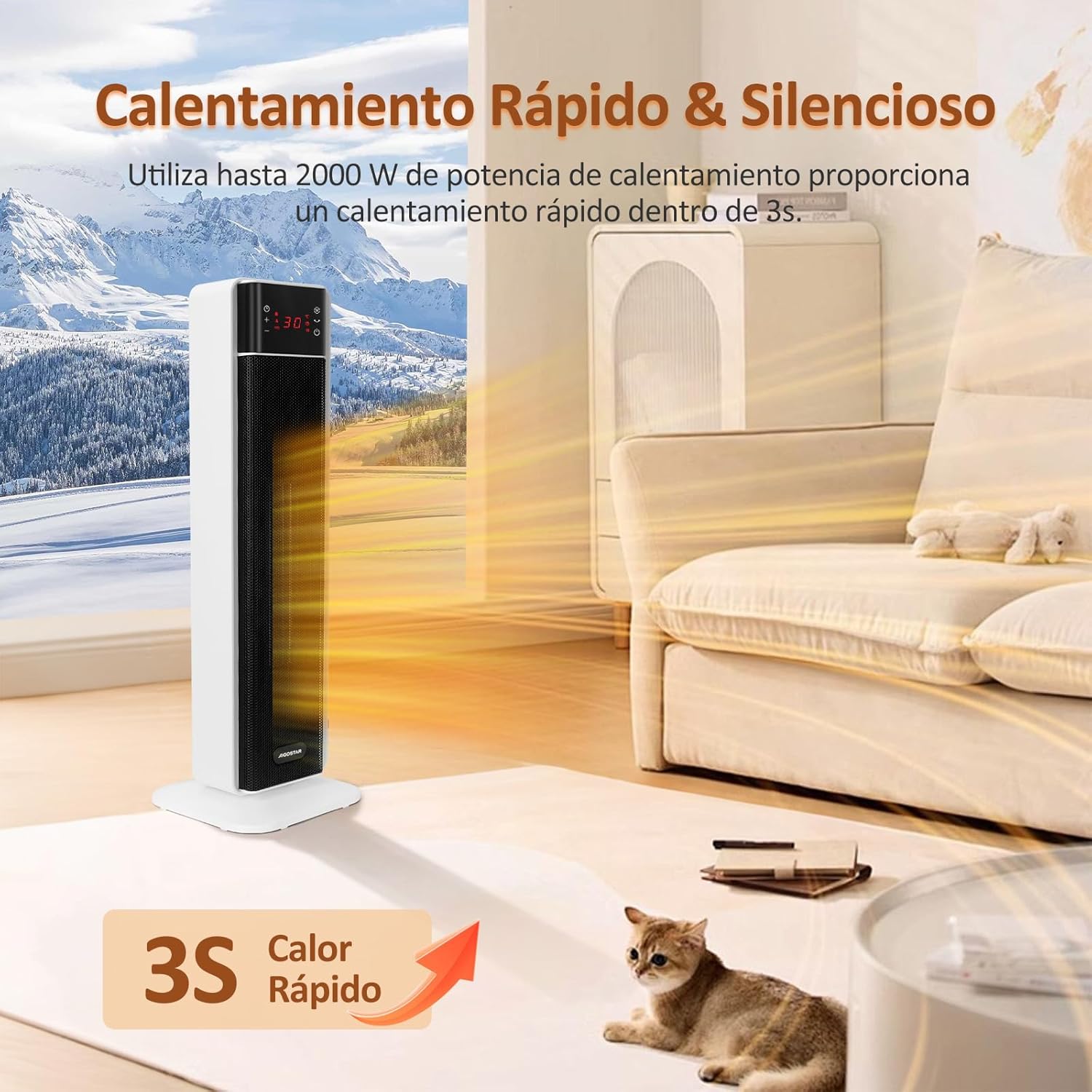 Aigostar Ceramic PTC Heater emitting heat, demonstrating rapid heating within 3 seconds