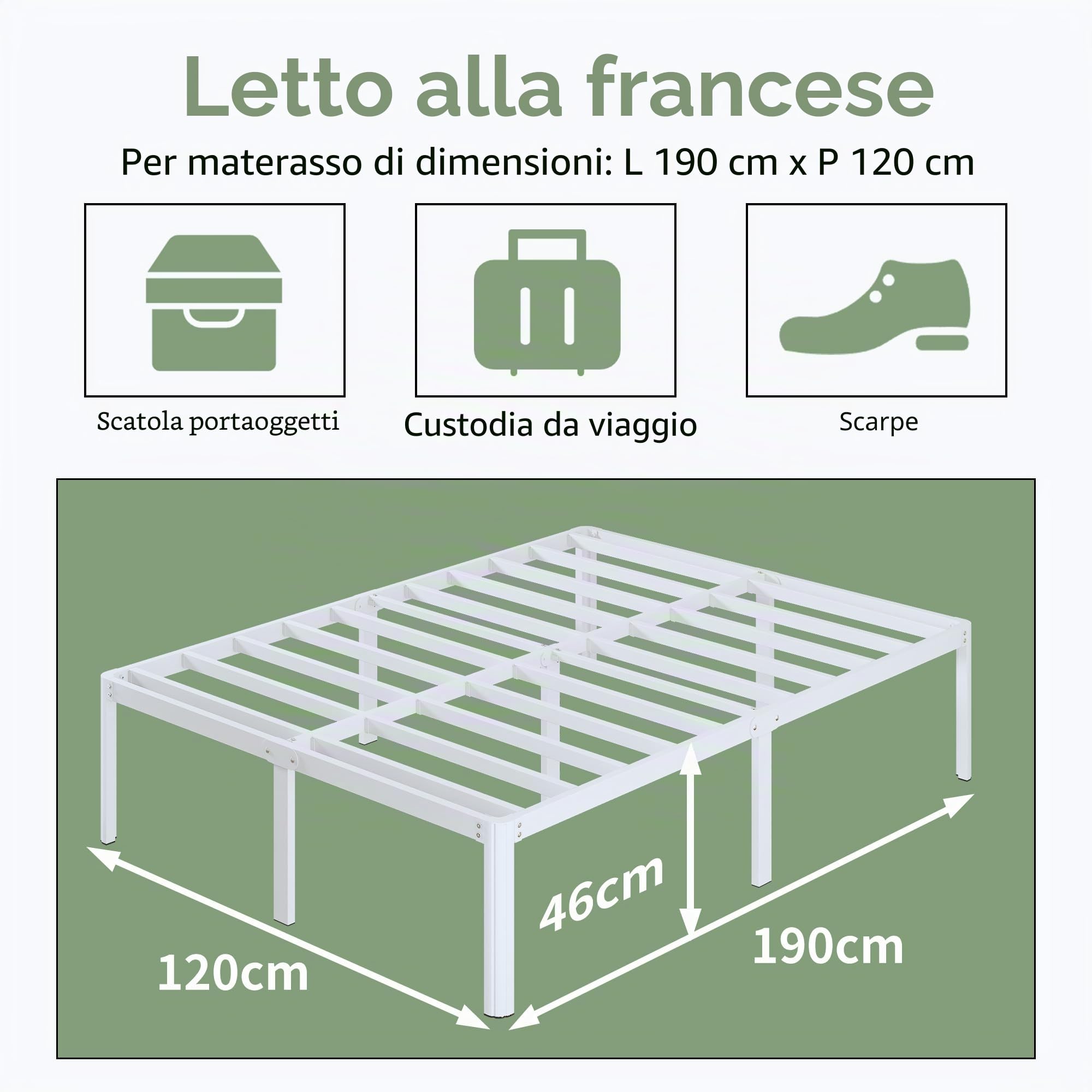 Lutown-Teen Letto 120x190 cm con Rete a Doghe in Metallo, Alta 46 cm, Struttura Letto una Piazza e Mezza con Gambe ad Angolo Curvo, Spazio Aggiuntivo Sotto, Montaggio Facile, Silenzioso, Bianco