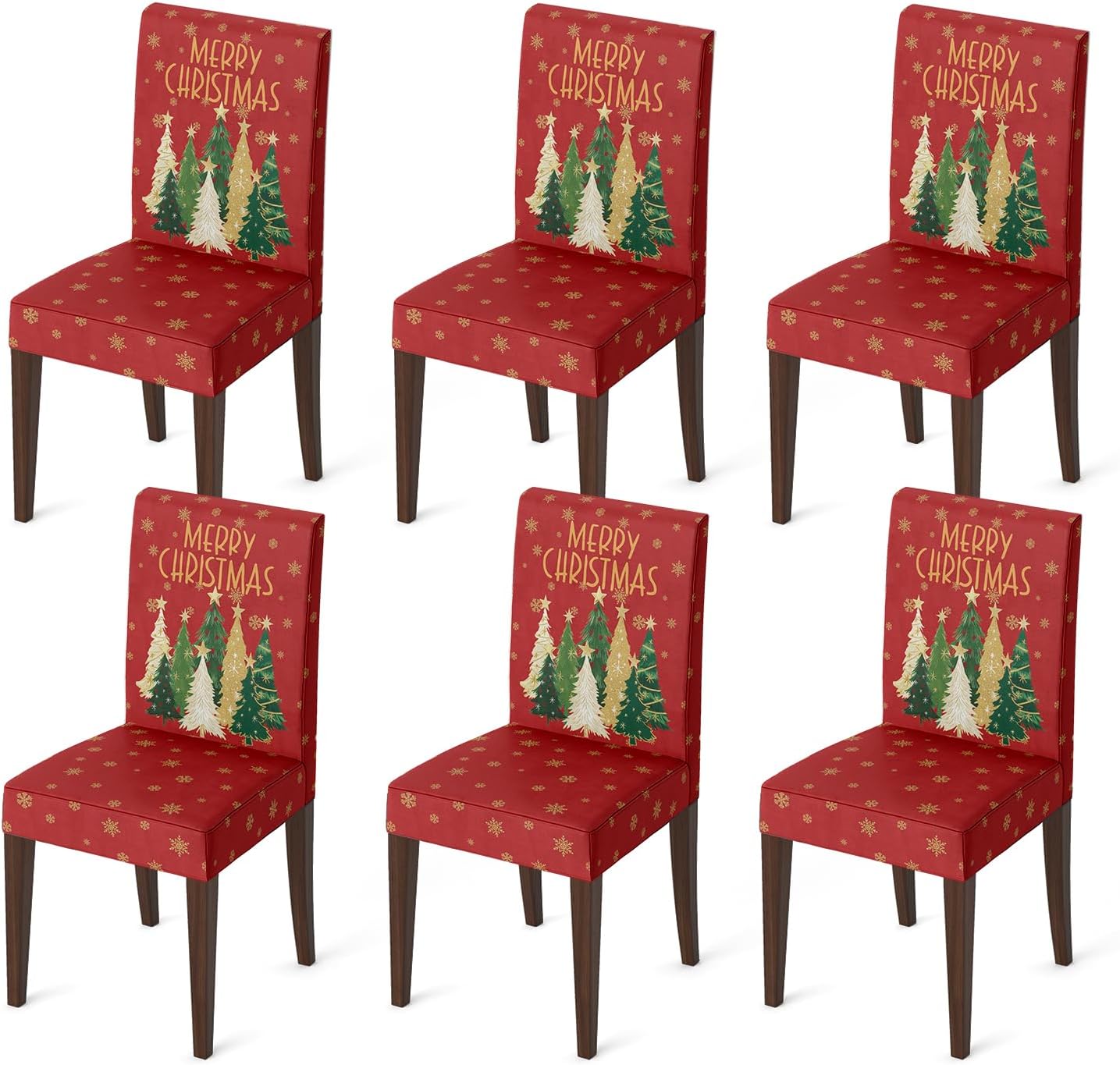 Horaldaily 8PCS Christmas Dining Green Chair Covers, Christmas Pine Tree Stars Stretch Removable Washable Slipcover Chair Protector for Dining Room Home Decor