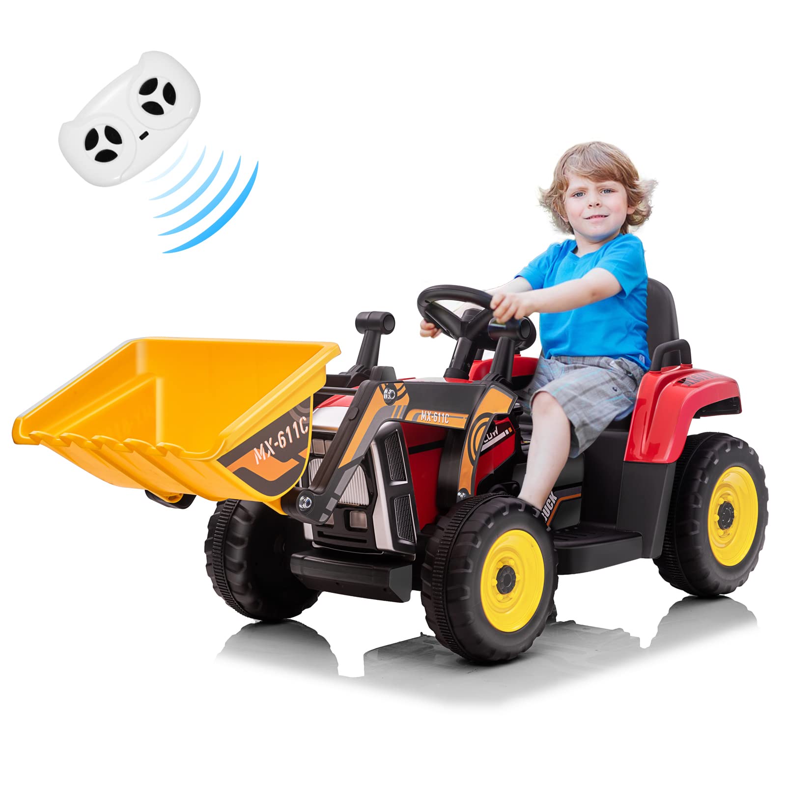 Photo 1 of 12V Kids Ride on Car,Excavator with Bucket & Remote Control,Toddler Battery Powered Electric Vehicle,2+1 Gear Shift,3 Speeds,Music,Bluetooth,7-LED Headlights,EVA Tire,Red Red Upgrade EVA Wheels