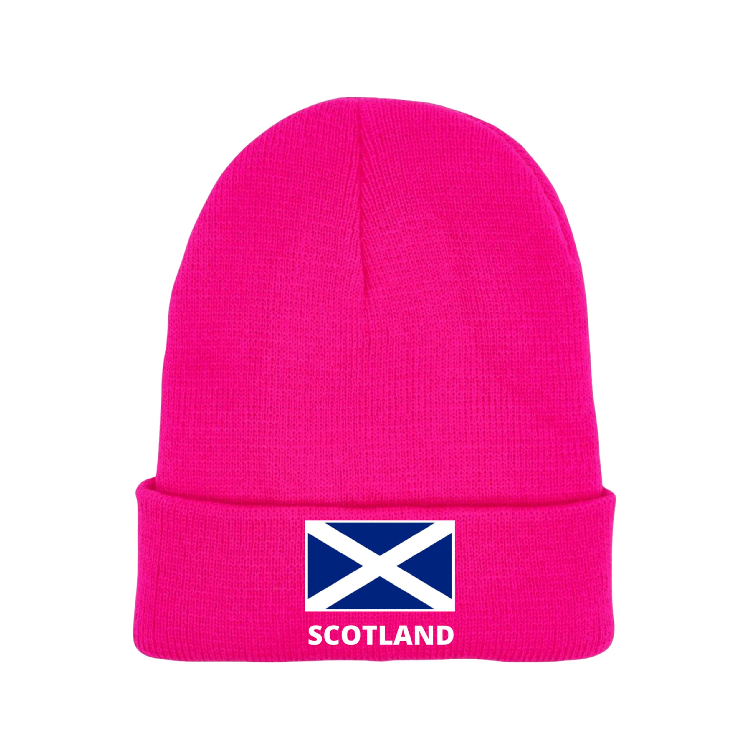 Fidra Fashion Accessories Pink Fidra Scotland Beanie Hat With Embroidered Saltire Flag, Winter Knit Cap