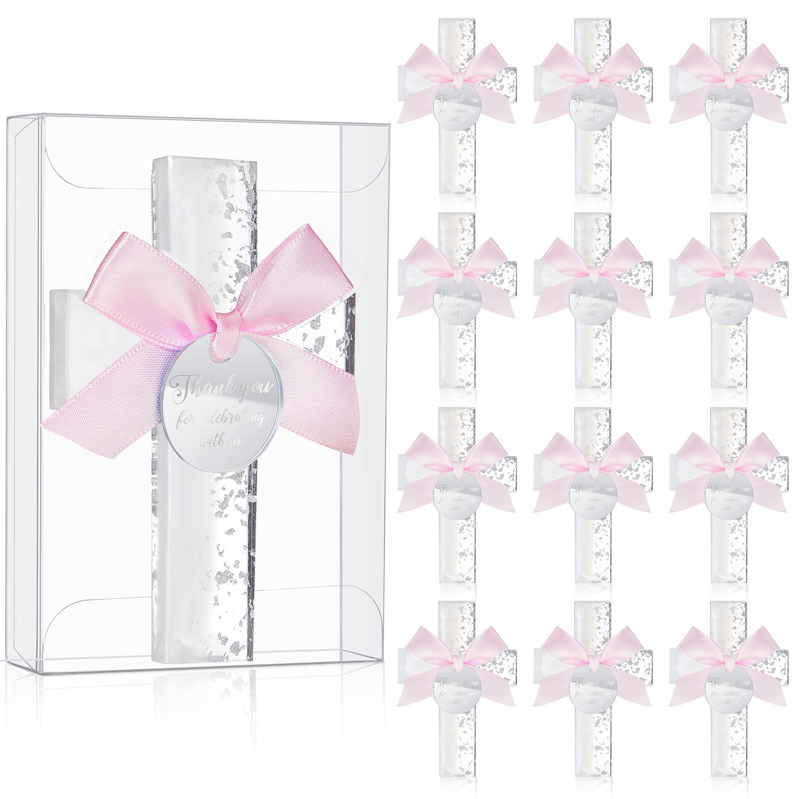 Aimants en croix lot de 12 avec étiquette rose pour baptême et fête