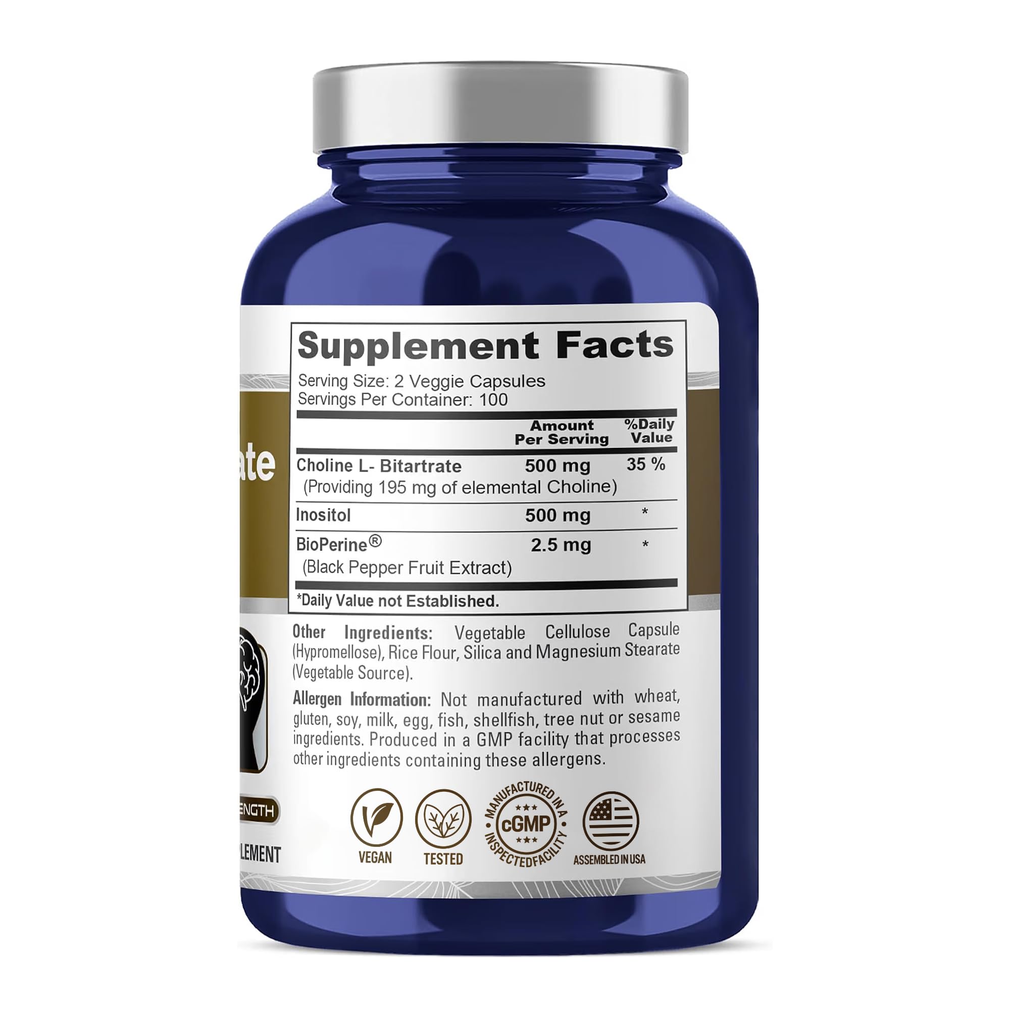 Choline, L Bitartrate & Inositol, 1000mg, 200 Veggie Caps - 100 Servings — Amazon image 3