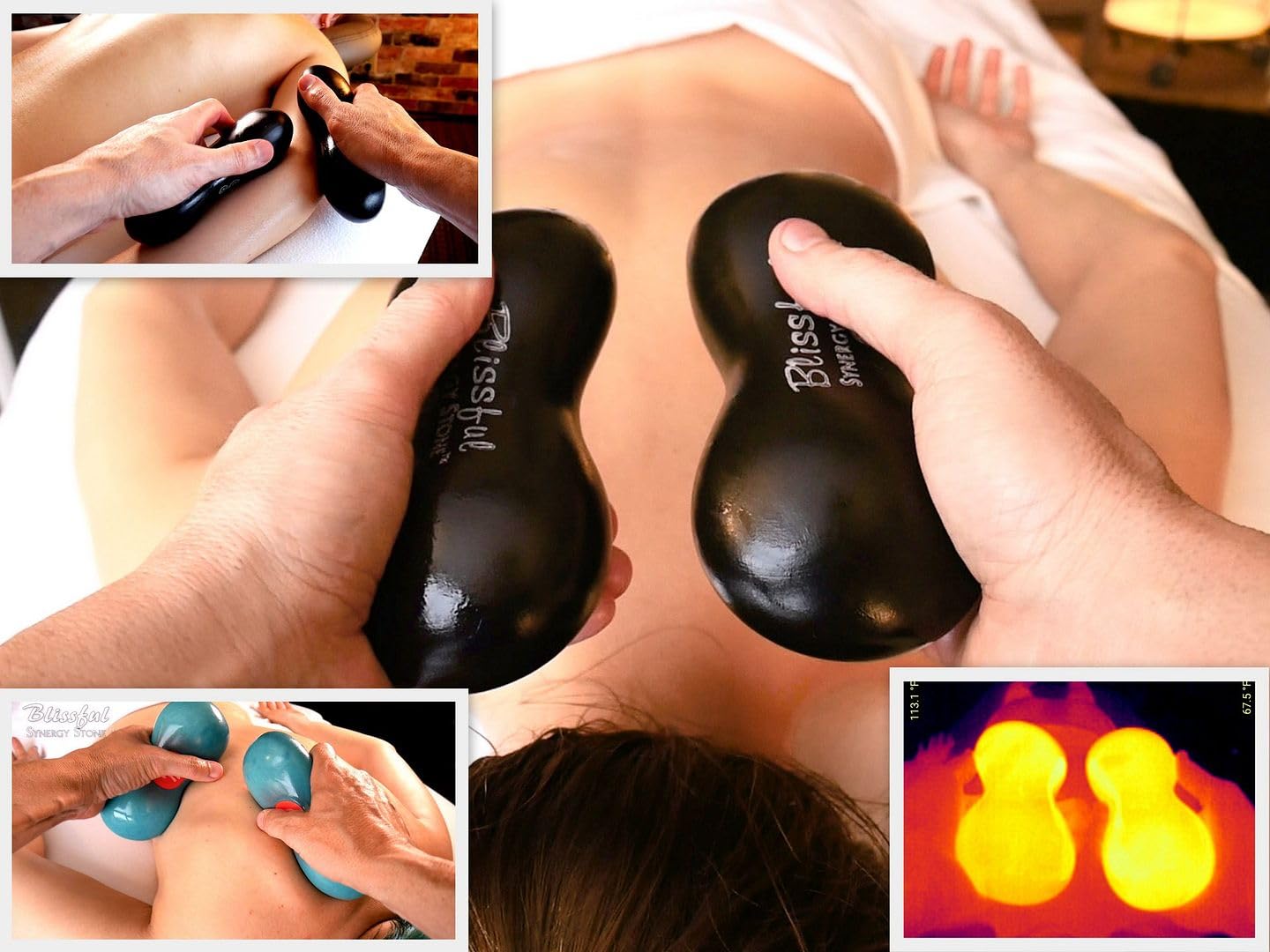Lot de 2 pierres de synergie Blissful (Basalt Black) - Outils de massage aux pierres chaudes profilées - Chaleur profonde pour soulager les tensions musculaires - Relaxante et thérapeutique - Surface