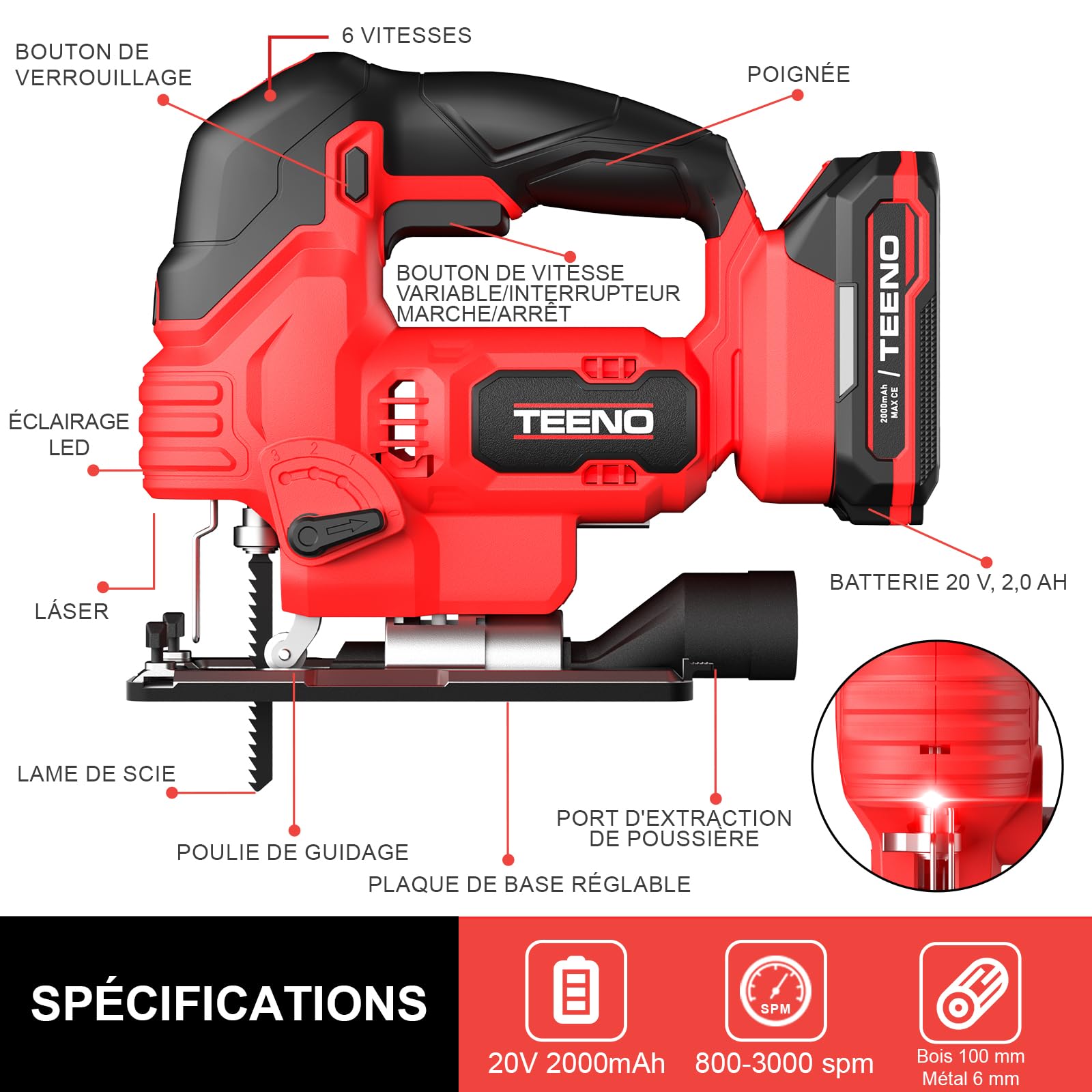 TEENO Scie Sauteuse Sans Fil pour Batterie Makita 20 V, 800-3000 SPM Scie Sauteuse Laser avec 5 lames, Inclinaison ± 45°, 6 vitesses, LED, coupe du bois,plastique,Métal (Deux batteries, 2.0 Ah)