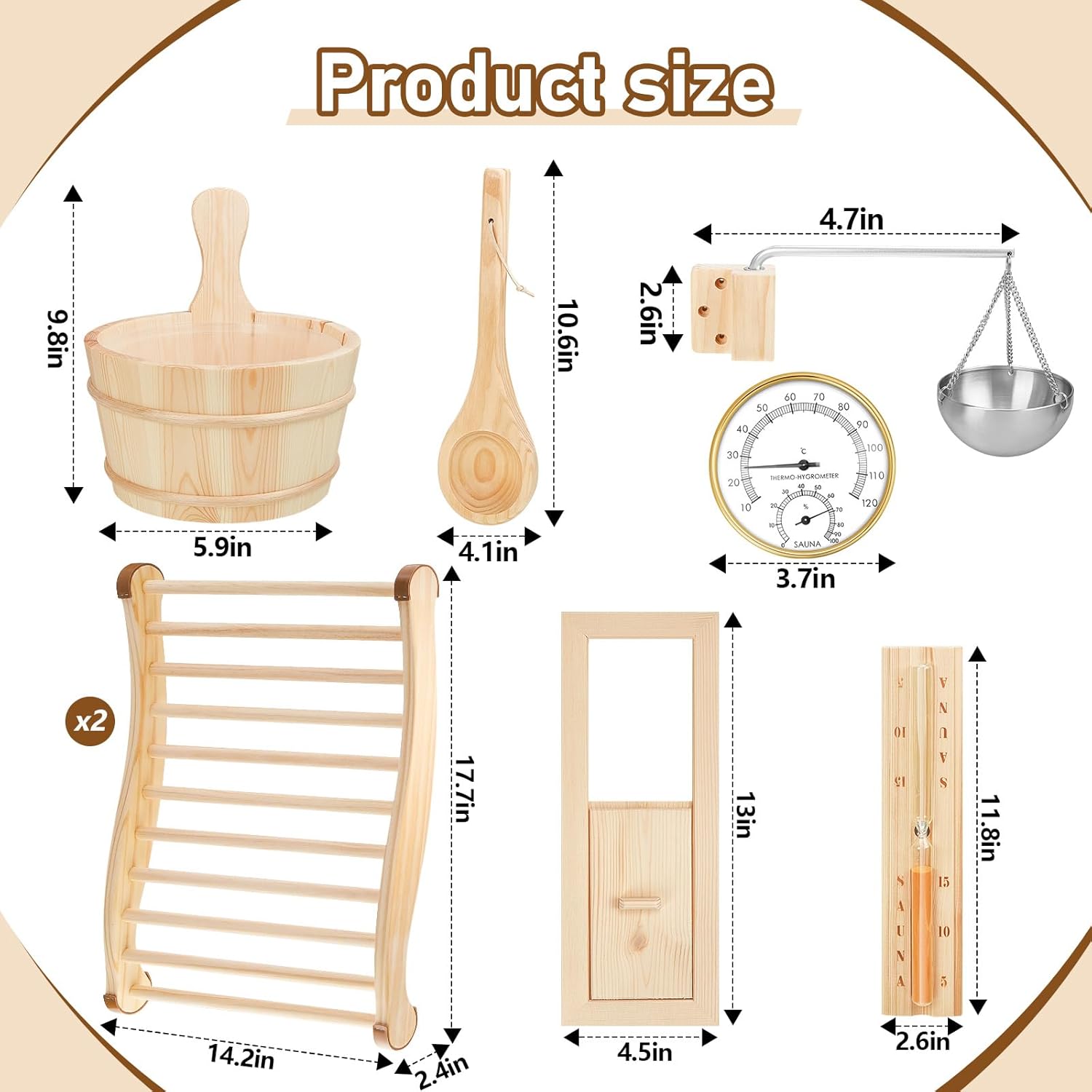 Uiifan 8 Pcs Sauna Accessories Set: Wooden Bucket & Ladle, Thermometer Hygrometer, Hourglass Timer, 2 Pcs Backrests, Gable Vent, Aromatherapy Oil Bowl for Sauna Lover Gifts – Home Barrel Spa