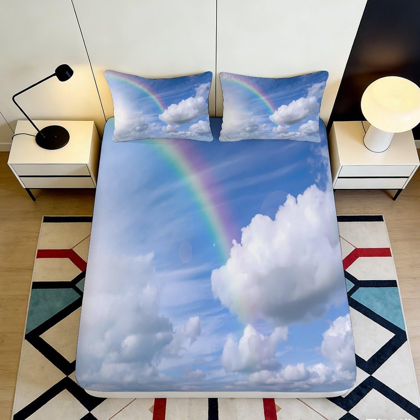 3D Printed Rainbow Cloud Fitted Sheet Microfiber Soft Breathable Sky Pattern Bed Cover for Bedroom Dormitory Guest Room Mattress Protection Decor 180x200x25cm