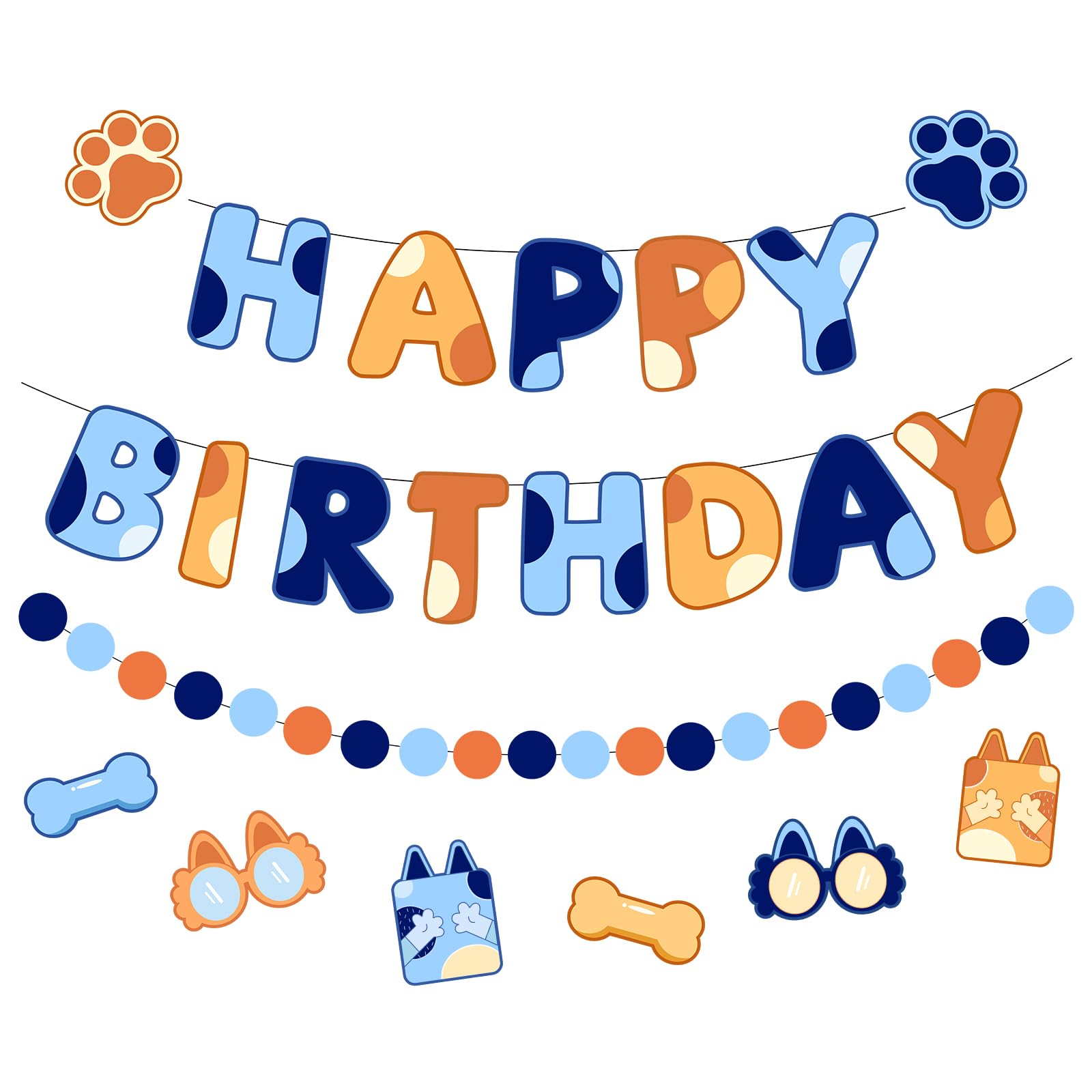 Pre-Strung Happy Birthday Banner, Blue Dog Birthday Decorations with Cartoon Dog Ornaments and Circle Dot Garland, Blue and Orange Party Decorations for Boys Kids