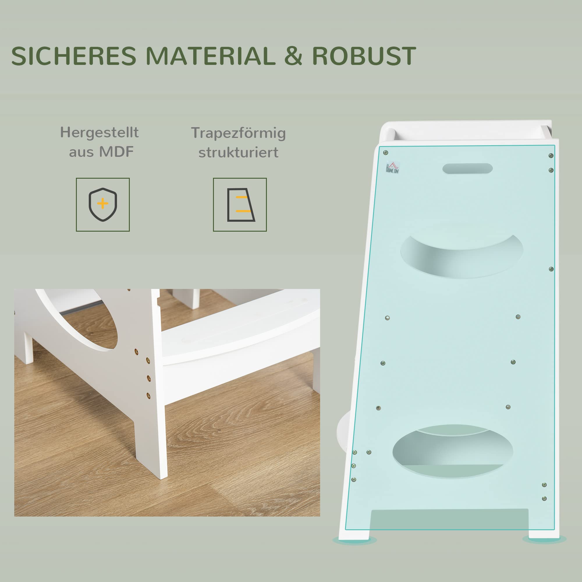 HOMCOM Lernturm für Baby Tritthocker Schemel Stehender mit 3 Stufen Küchenhelfer für 3+ Jahre Kinder Jahre Sicherheit Bad Schlafzimmer Küche Weiß 40 x 50 x 90 cm