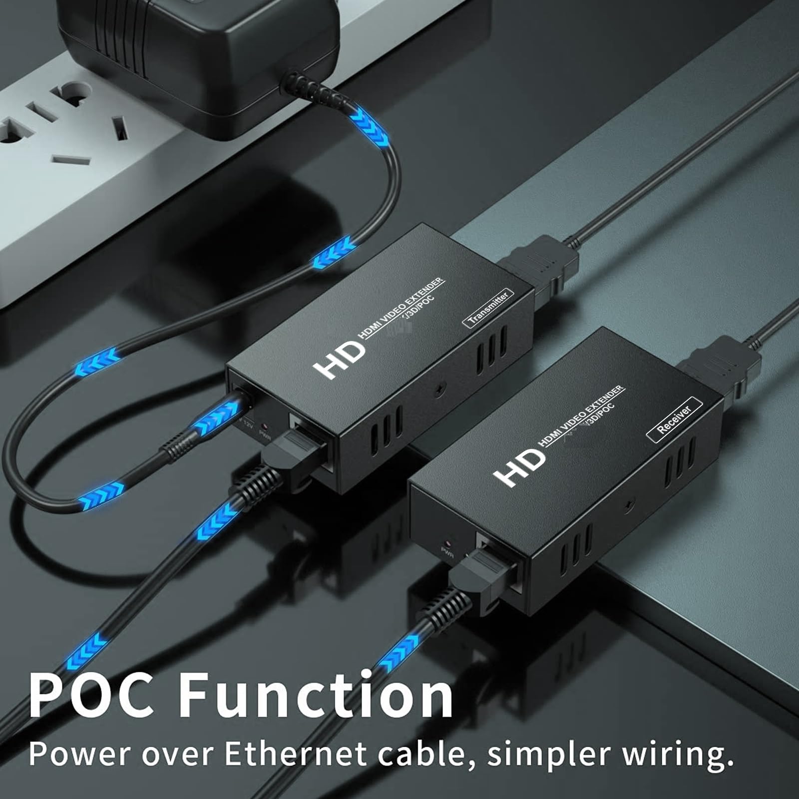 Rallonge HDMI, rallonge HDMI sur Cat5e/6 jusqu'à 50 m, extension vidéo 1080p @ 60 Hz, transmission audio et vidéo synchrone, prend en charge la copie EDID, POC, fonction 3D, transmission ultra