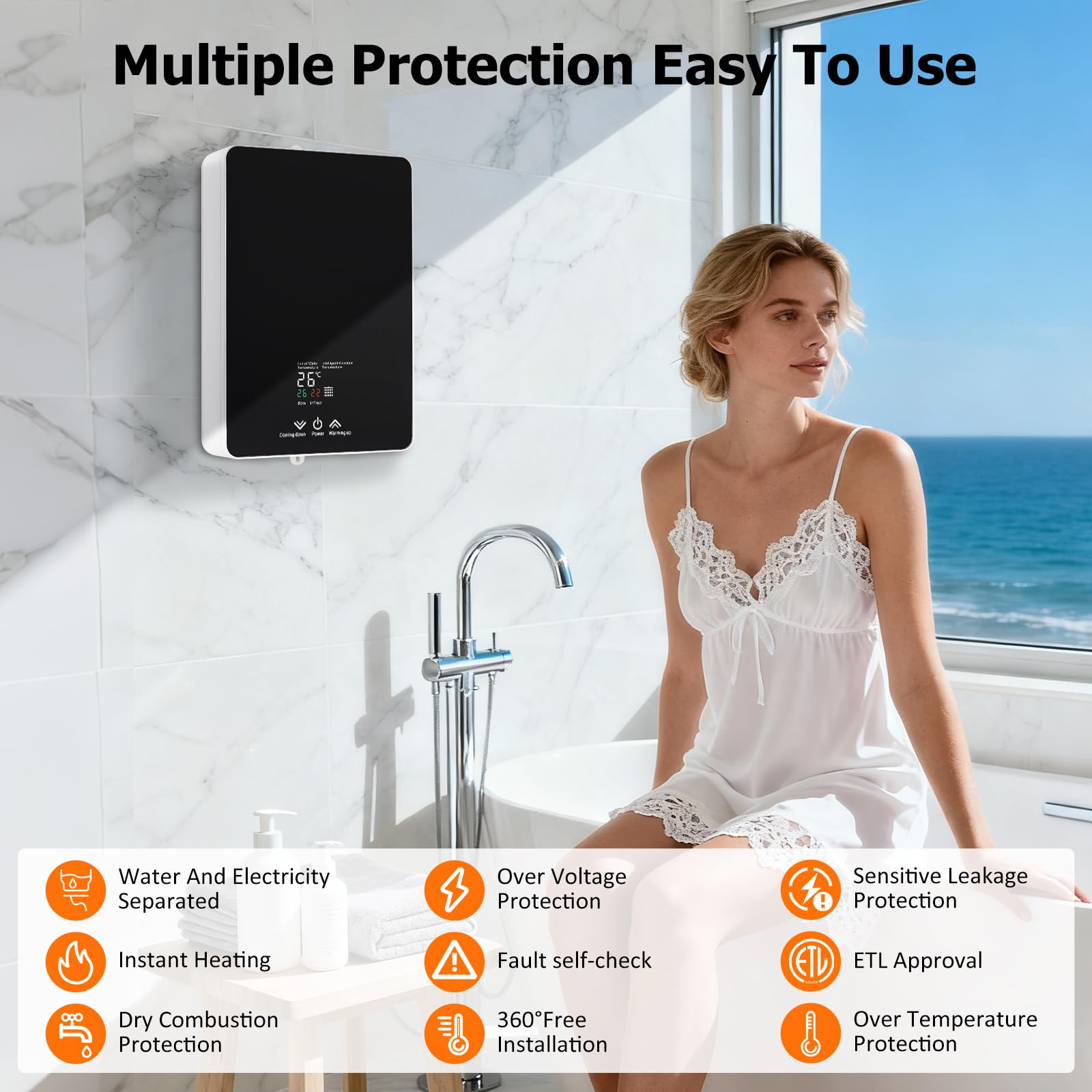 Calentador instantáneo de 5500 W, 230 V para ducha y cocina | Mini calentador de agua eléctrico con pantalla LED de temperatura y cabezal de ducha | Protección contra salpicaduras IPX4 para baño