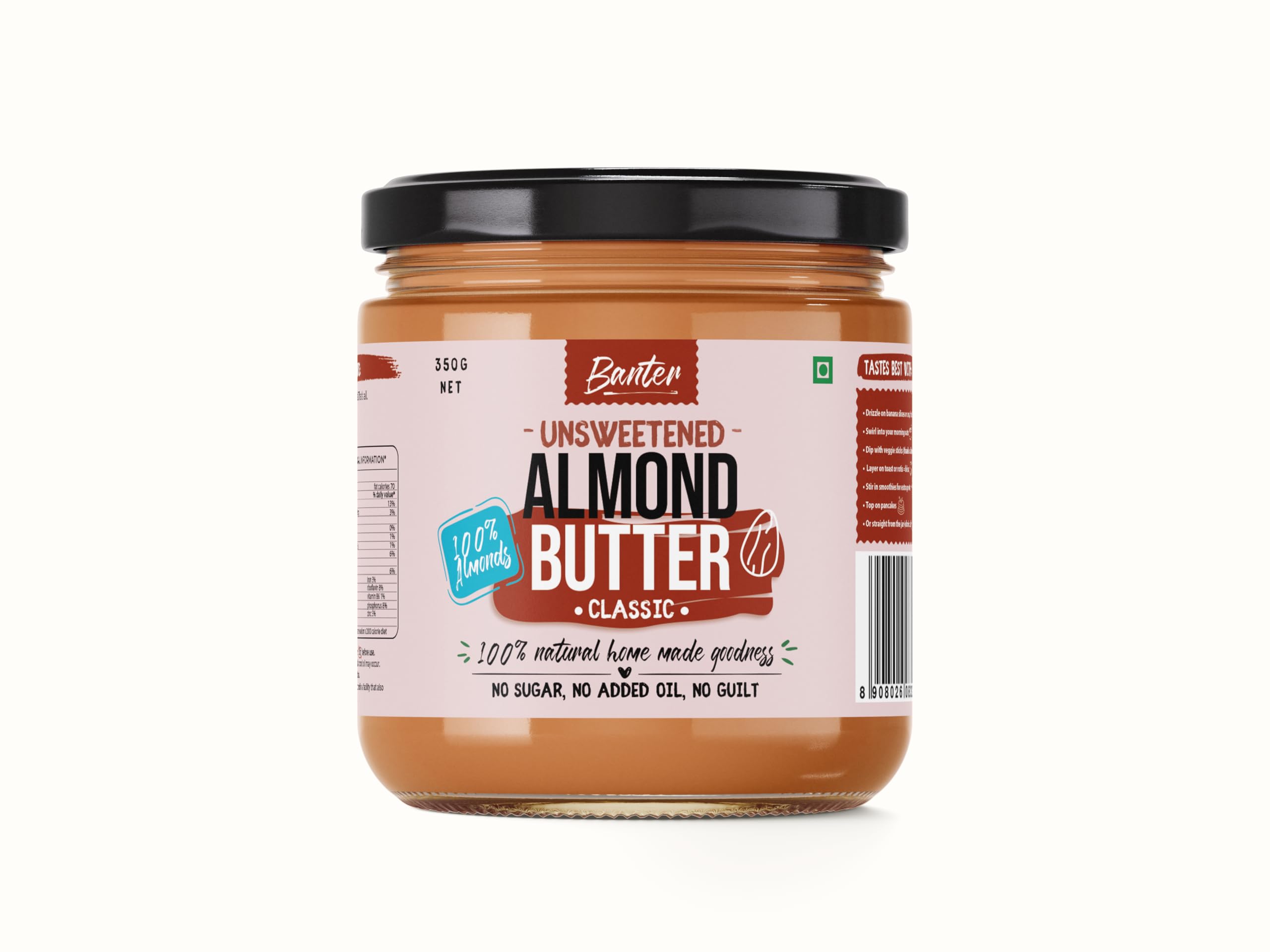 Classic Almond Butter | Smooth & Creamy | 100% Roasted Almonds | No Added Sugar, No Palm Oil | Protein-Rich Nut Butter | 350 g