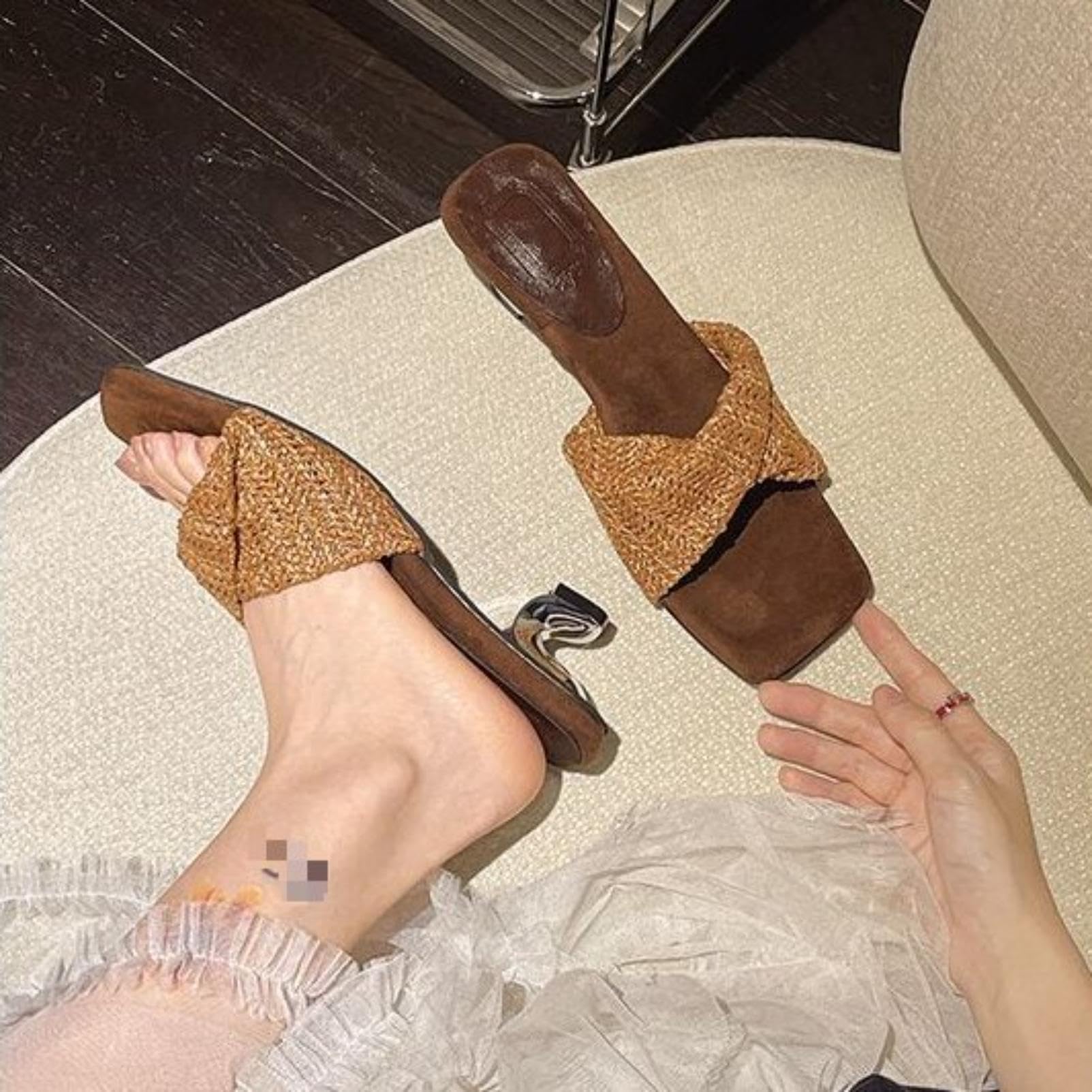 Generico Sandali Mule in Paglia Annodati da Donna | Ciabatte Punta Quadrata Tacco Sagomato Metallico Con Soletta In Raso Design Slip On Per Scarpe Estive Eleganti