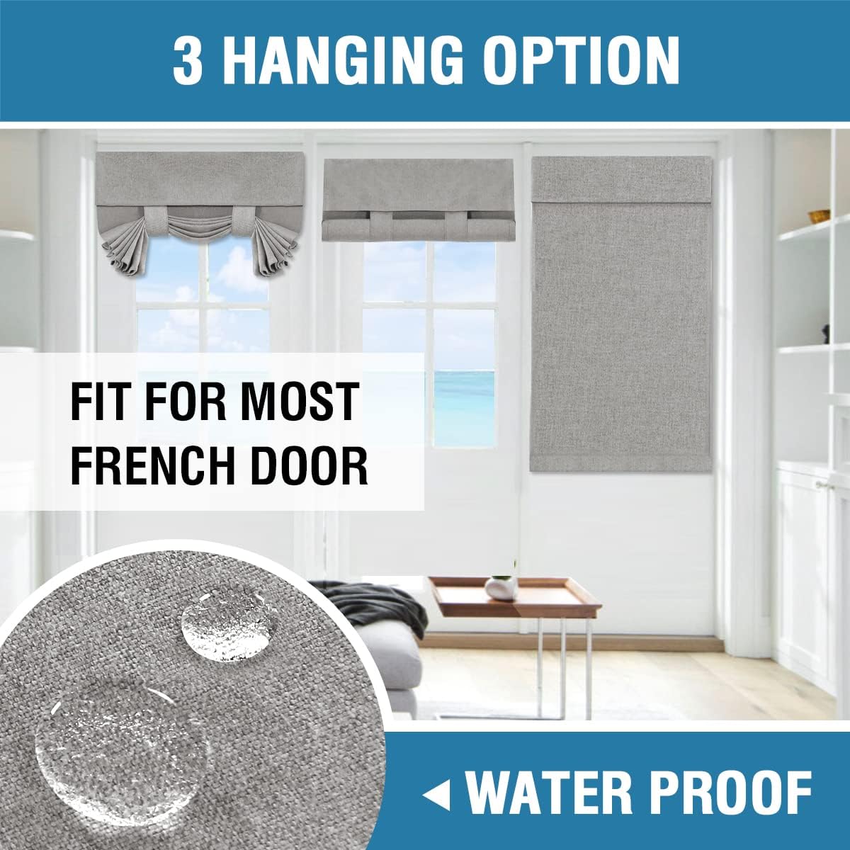 H.VERSAILTEX French Door Curtains Linen Textured Privacy Blinds Kitchen Window Waterproof 26 X 40 Inch Room Darkening for Glass Door Tie Up Shade, 1 Panel, Heather Grey (Pack of 2)