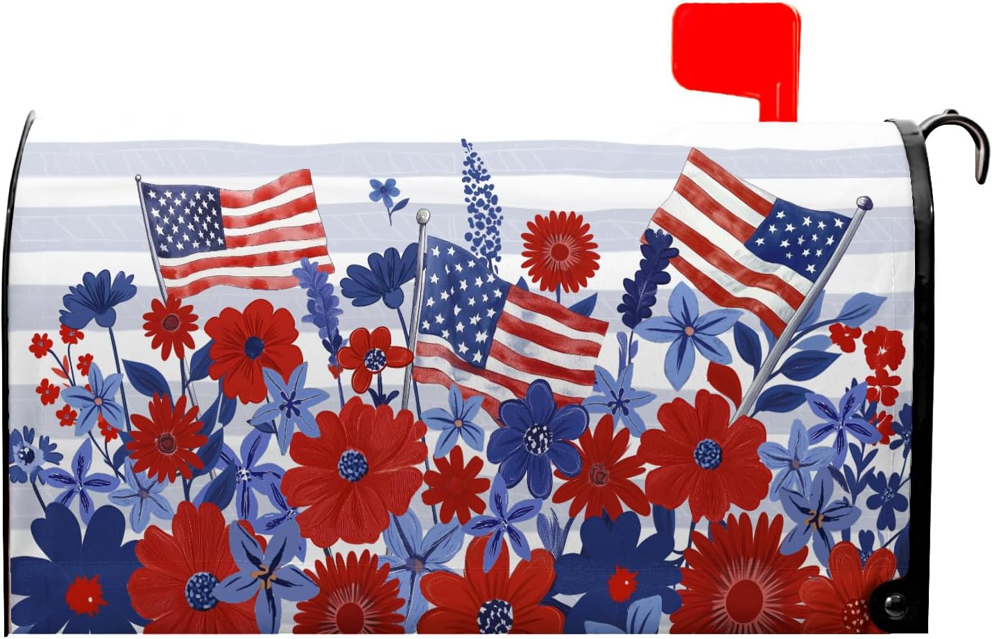 Patriotic Red Blue Floral Mailbox Covers Magnetic Standard Size 21 x 18 Inch 4th of July American Flag Mailbox Wraps Post Letter Box Cover for Garden Yard Outdoor Decorations