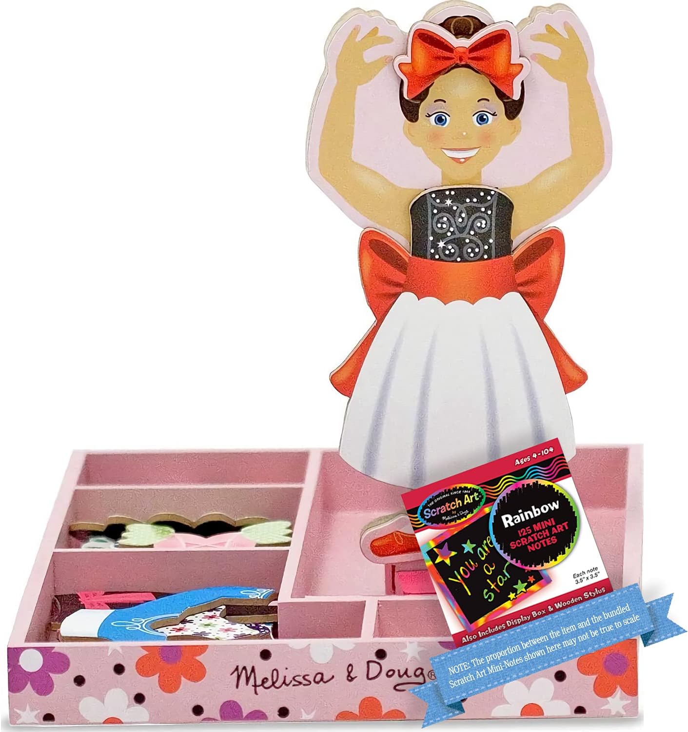 Melissa & Doug﻿ Nina B a l l e r i n a: Dress Up Wooden Doll & Stand Bundle with 1 Theme Compatible M&D Scratch Fun Mini-Pad (03554)