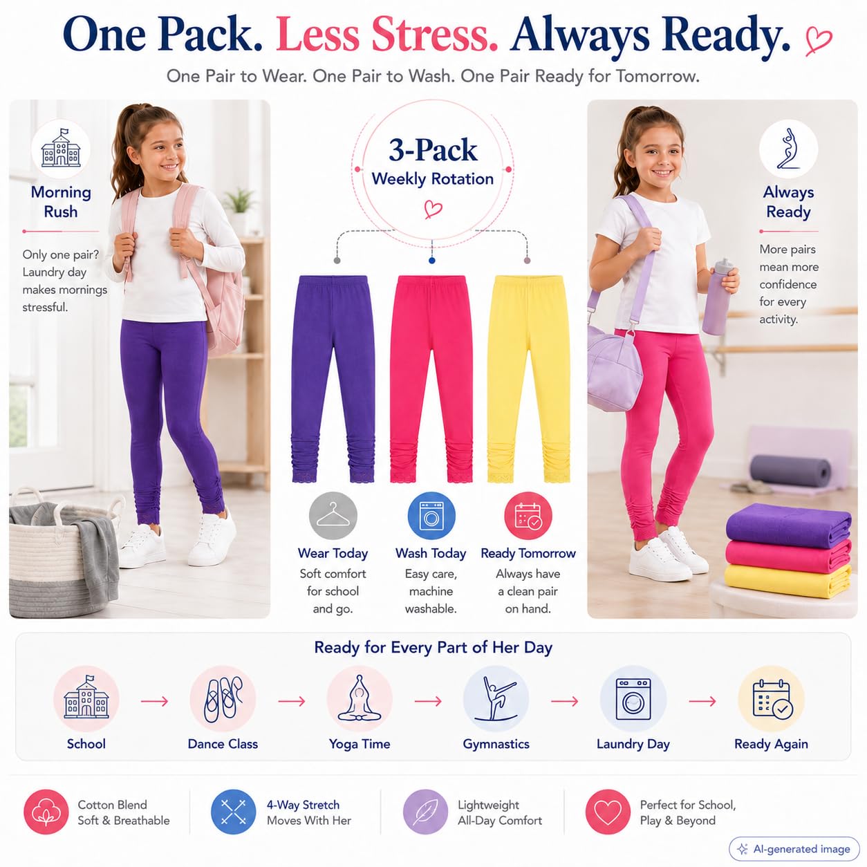 Bienzoe Dziewczęta Szkoła Yoga Legginsy: Dzieci Bawełna Stretch Taniec Rajstopy 3Szt Pack