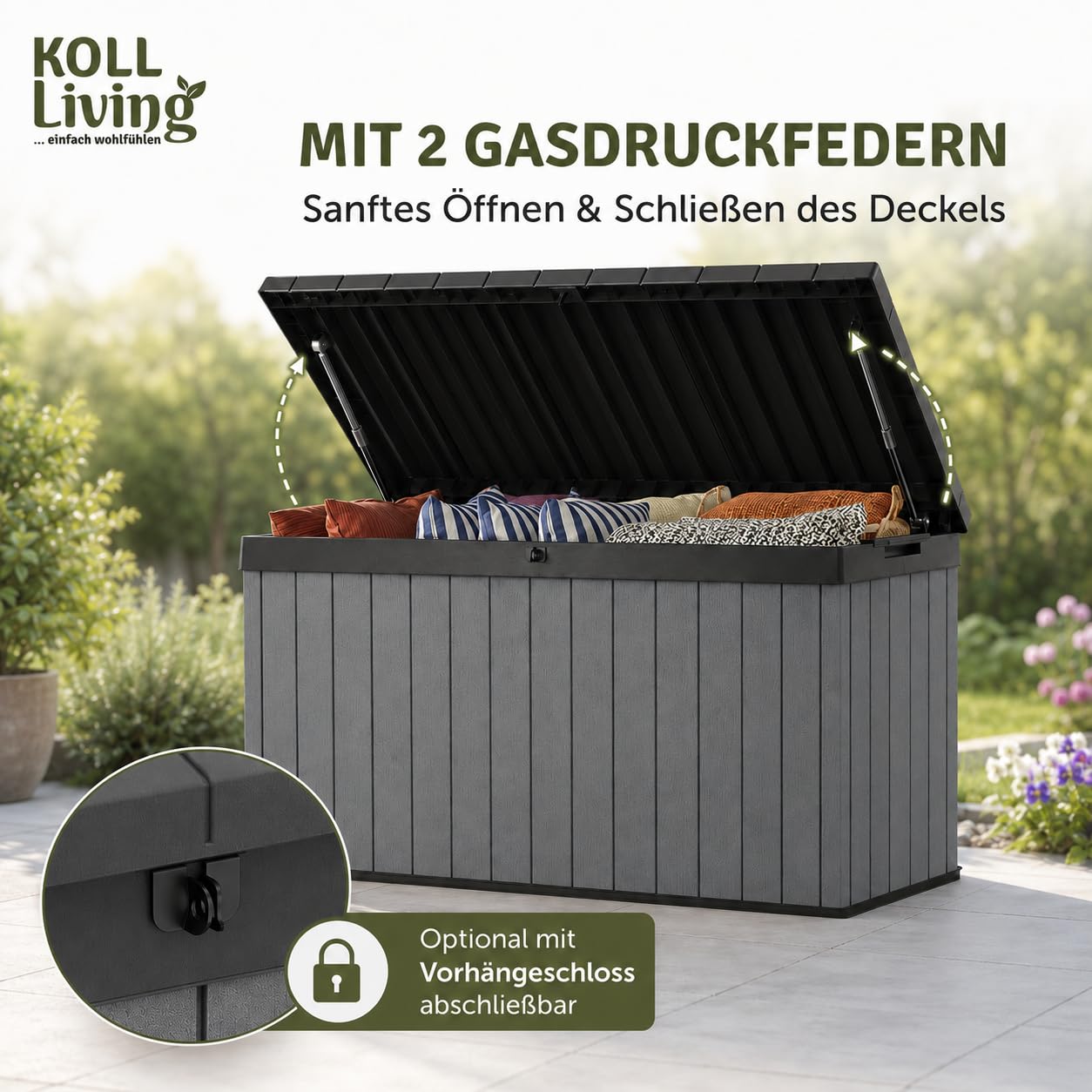 Koll Living Auflagenbox/Kissenbox 570 Liter l 100% Wasserdicht l mit Belüftung dadurch kein übler Geruch/Schimmel l Moderne Holzoptik l Deckel belastbar bis 300 KG (2 Personen)
