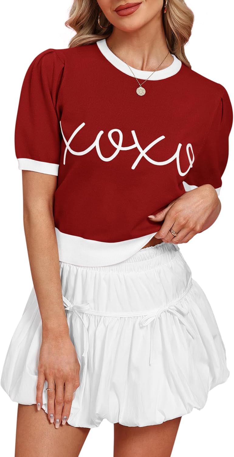 Womens Puff Short Sleeve Sweater Casual Cropped Knit Shirts Cute Valentines Pullover Jumper Tops - Image 2