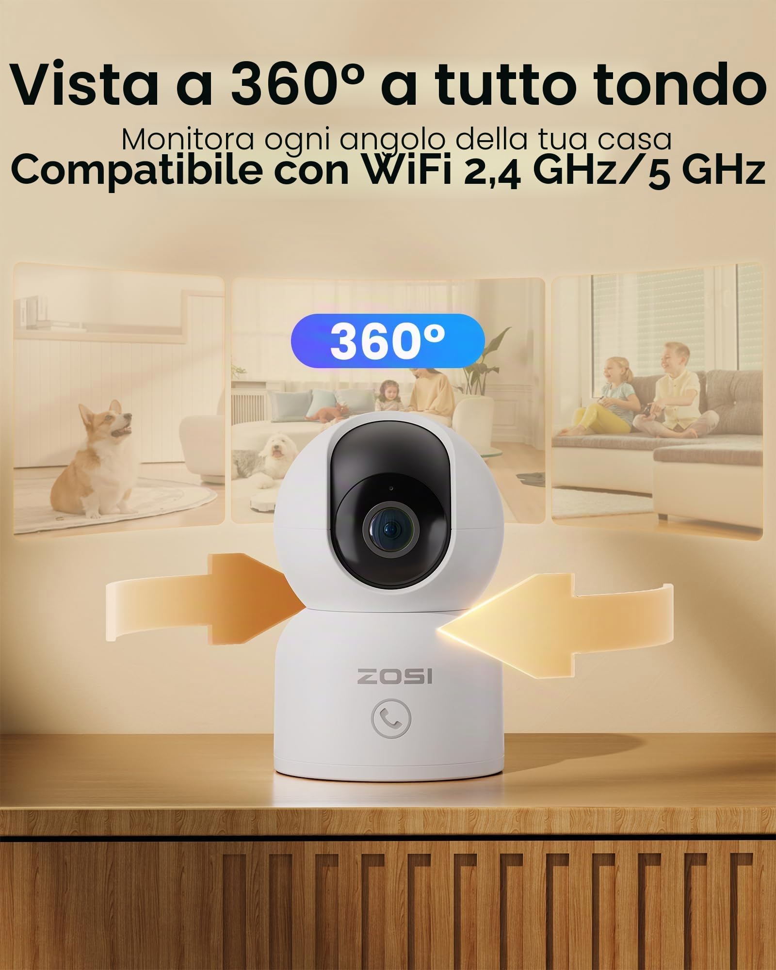 ZOSI 2x Telecamera Wi-Fi Interno, 3MP Videocamera Sorveglianza IP per Cani Gatti con Visione Notturna, Audio Bidirezionale, Rilevamento di Movimento