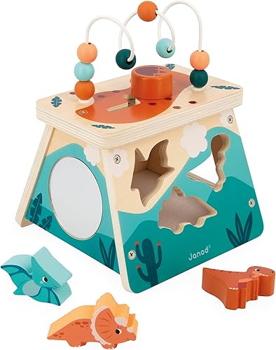Janod Dino - Dinosaur Shape Sorter Wood Multi-Activity Volcano - 5 Activities in One - Ages 12 Months- 3 Years - J05827