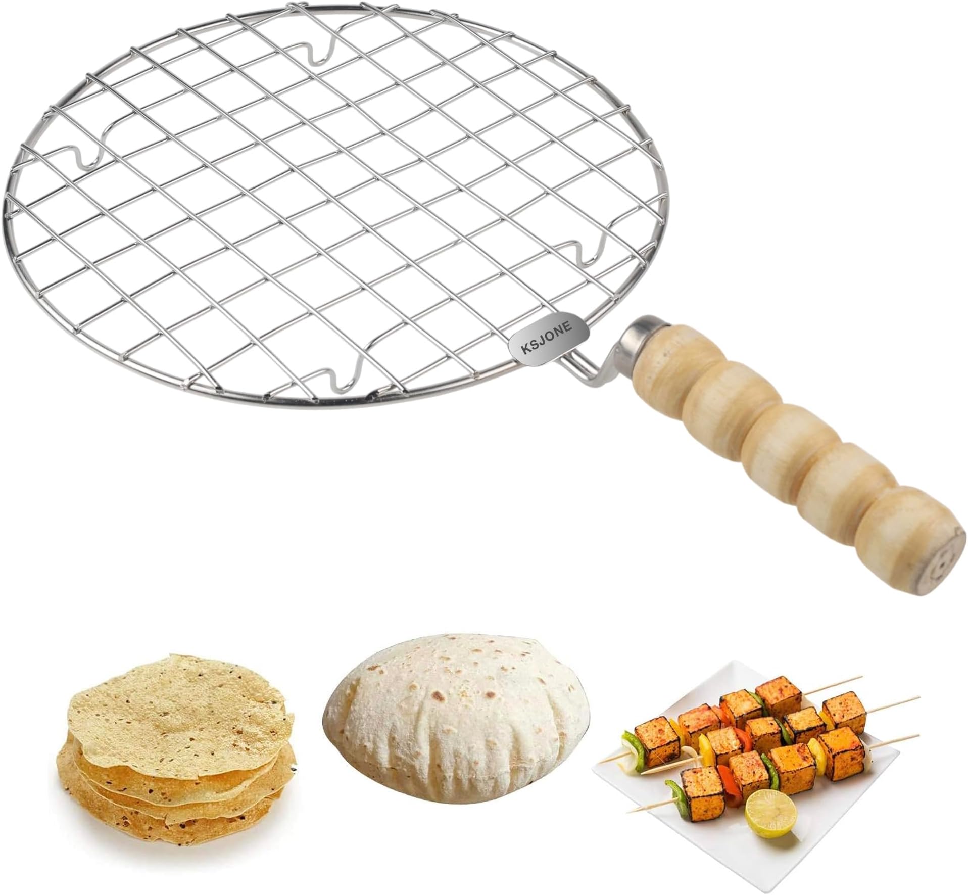 KSJONE Stainless Steel Multi-Functional Wire Steaming Cooling and Baking Barbecue Rack Round Wire Roaster Rack/Papad Jali/Roti Grill Round Shape with Wooden Handle