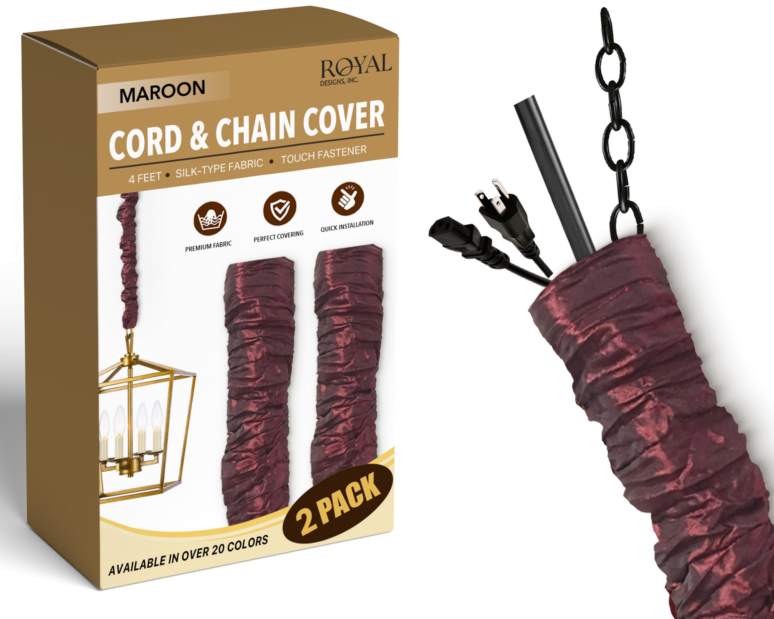 Royal Designs, Inc. Cord &amp; Chain Cover 4 ft Silk Type Fabric, Chandelier Pendant Lighting Chain &amp; Cable Management, Touch Fastener, Maroon - 2 Pack