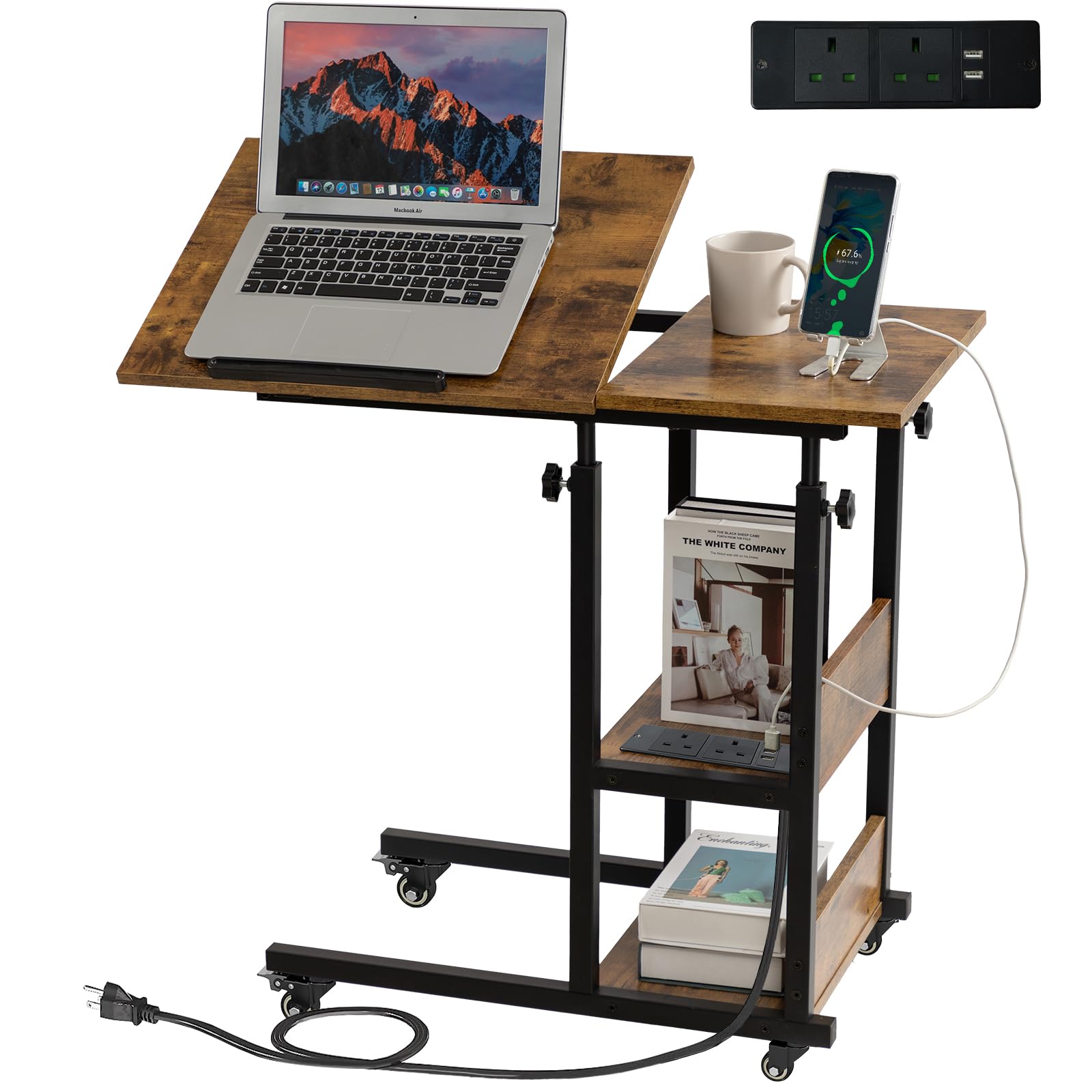 Hadulcet c shaped side table, sofa table with Charging Station, Adjustable Height, c table end table with Storage Space for Living Room, Bedroom, Small Space, Rustic Brown โ image 1