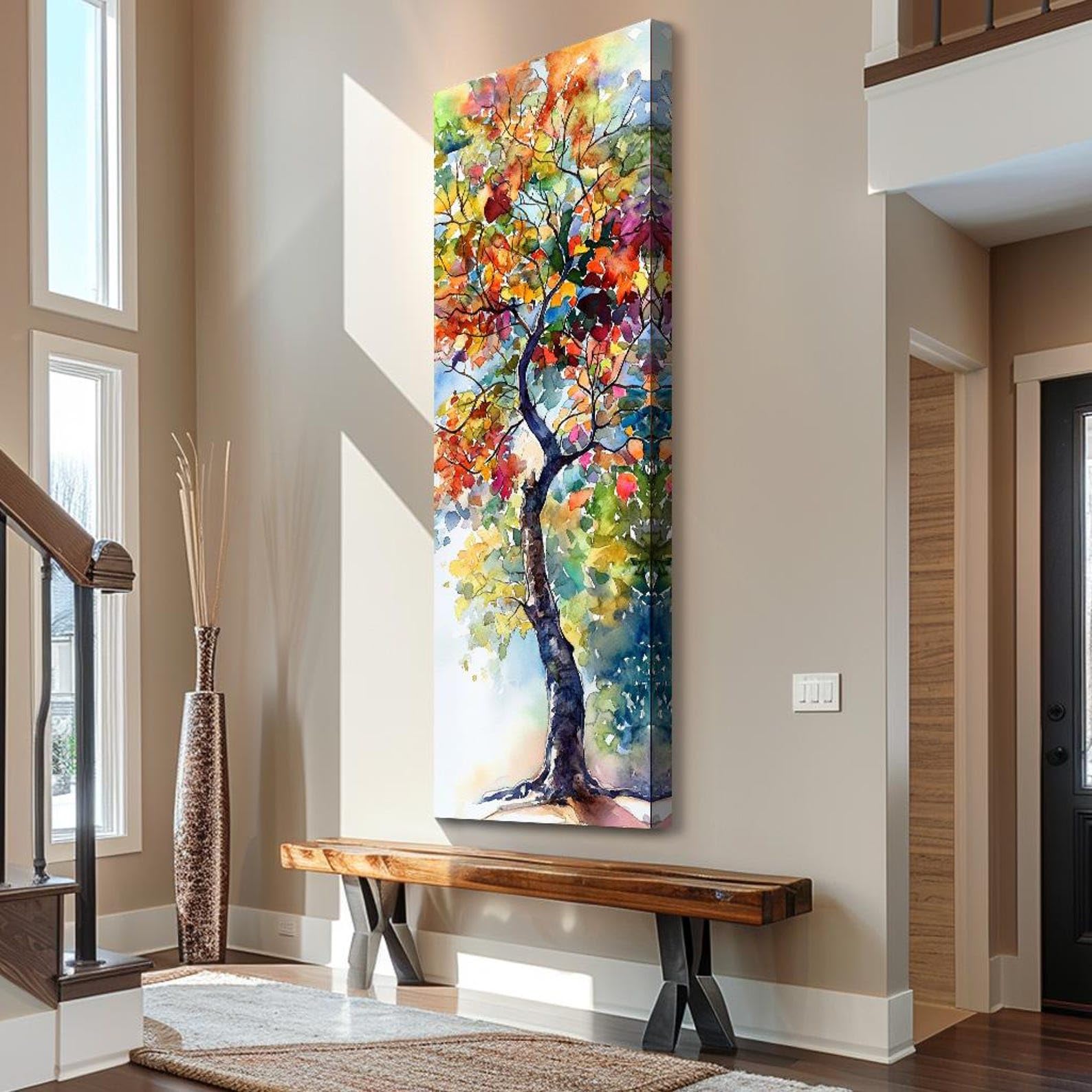 XINBAO Tall Vertical Nature Canvas Wall Art, Tall Narrow Art, Tree Wall Art, Vertical Wall Art, Long Painting Canvas Art(35x105cm/Frameless)