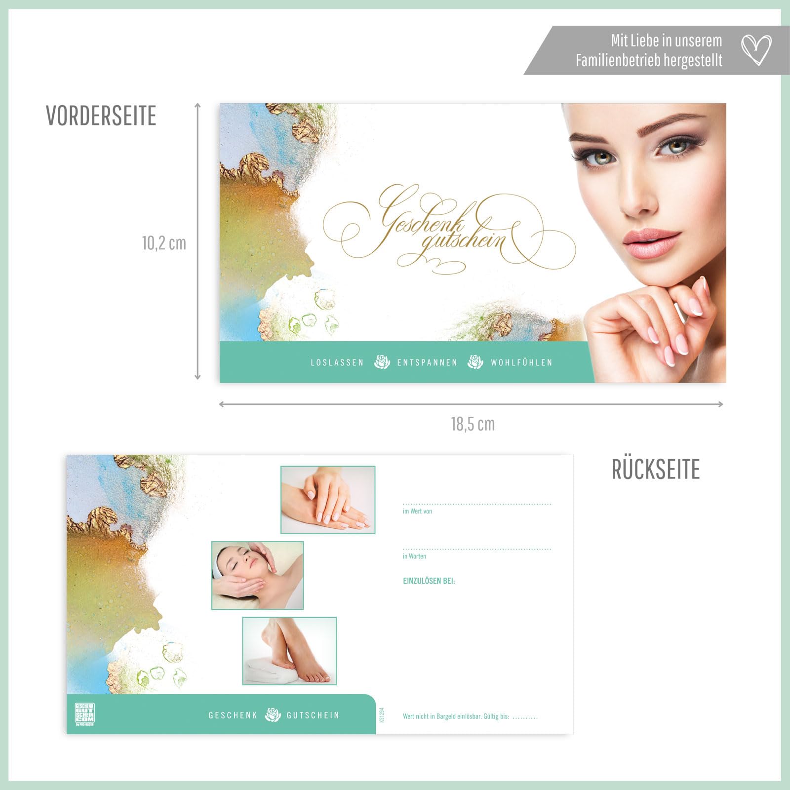 GESCHENKGUTSCHEINcom - 50 Gutscheine mit Umschlag/Schleife für Kosmetikinstitut Kosmetik Wellness - Geschenkgutschein-Vordruck blanko KS1294-2-50