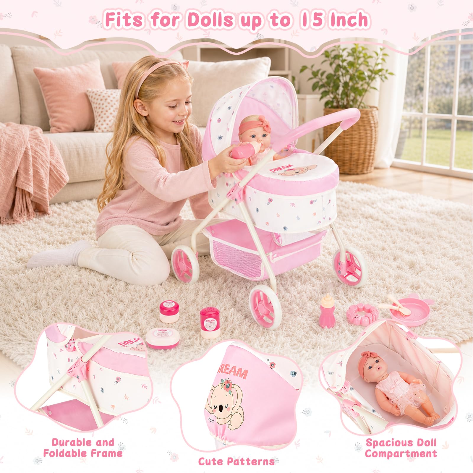 deAO Poussette Poupee 2 en 1 avec Capote pour Poupées 60 * 49.5 * 36.5cm | Roues Silencieuses pour Intérieur et Extérieur, Compacte, Landau et Canne pour Poupées jusqu'à 38 cm