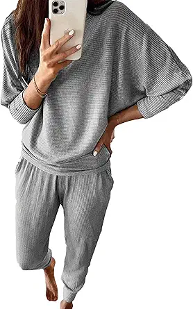 PRETTYGARDEN Women's Fall 2 Piece Lounge Set Long Sleeve Tops Ribbed Pants Spring Matching Sweatsuit Travel Outfits Clothes
