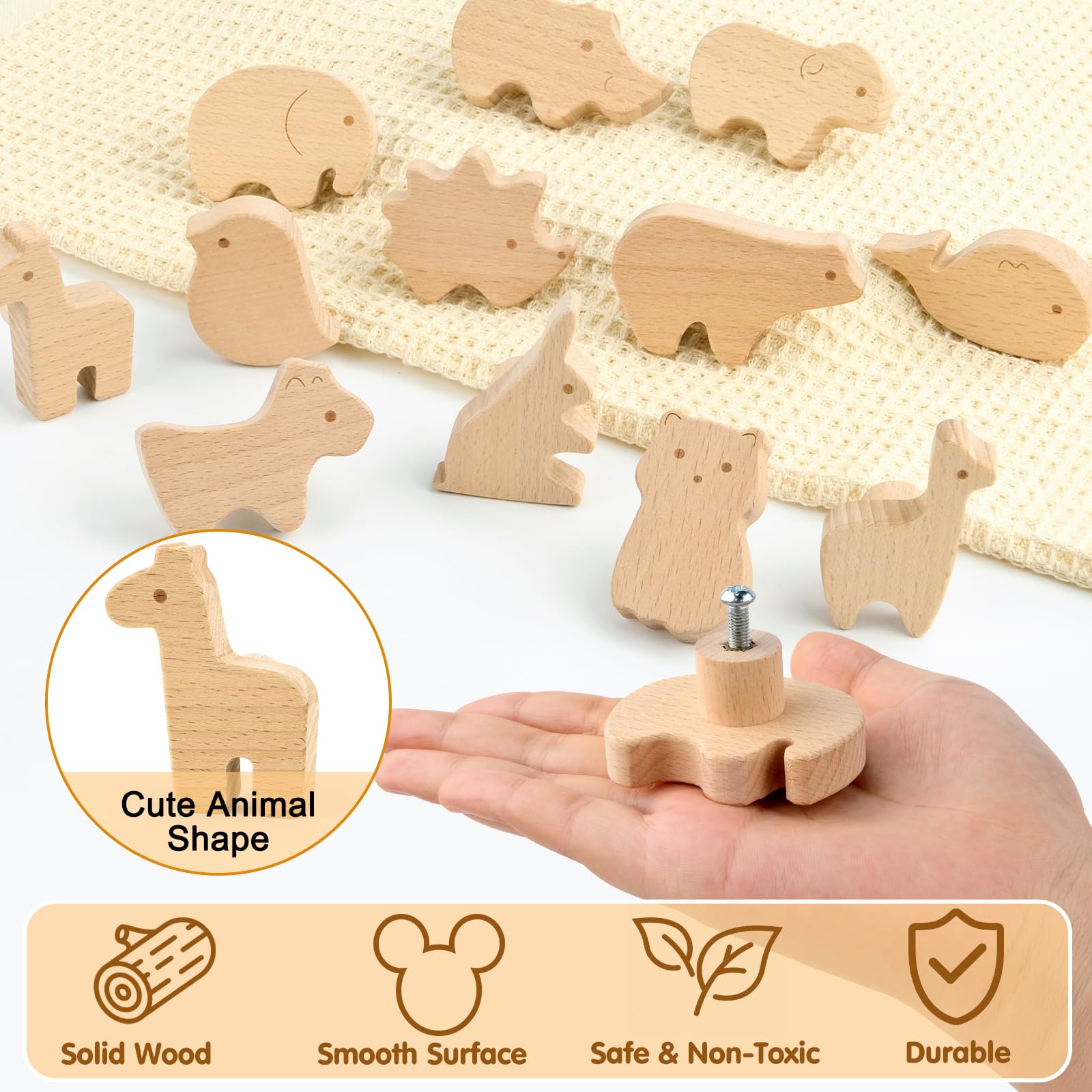 Pomelli per Mobili Bambini, Maniglie Armadio in Legno con Motivi Animali, 12 Pezzi