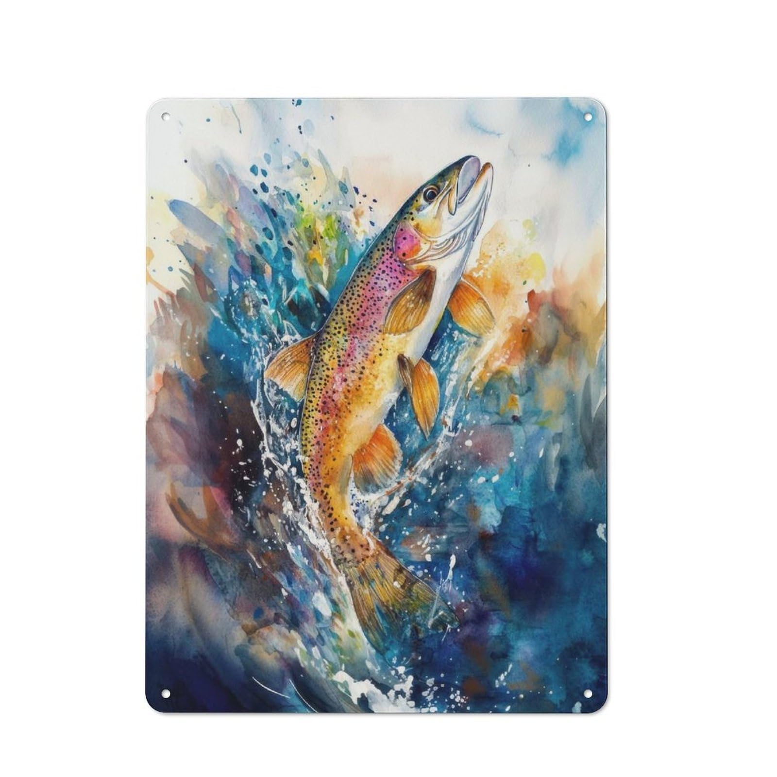 Junmoney Watercolor Trout Splash Retro Tin Wall Plaque 40X30cm For Dining Room Or Kitchen, For Home Decor Collectors
