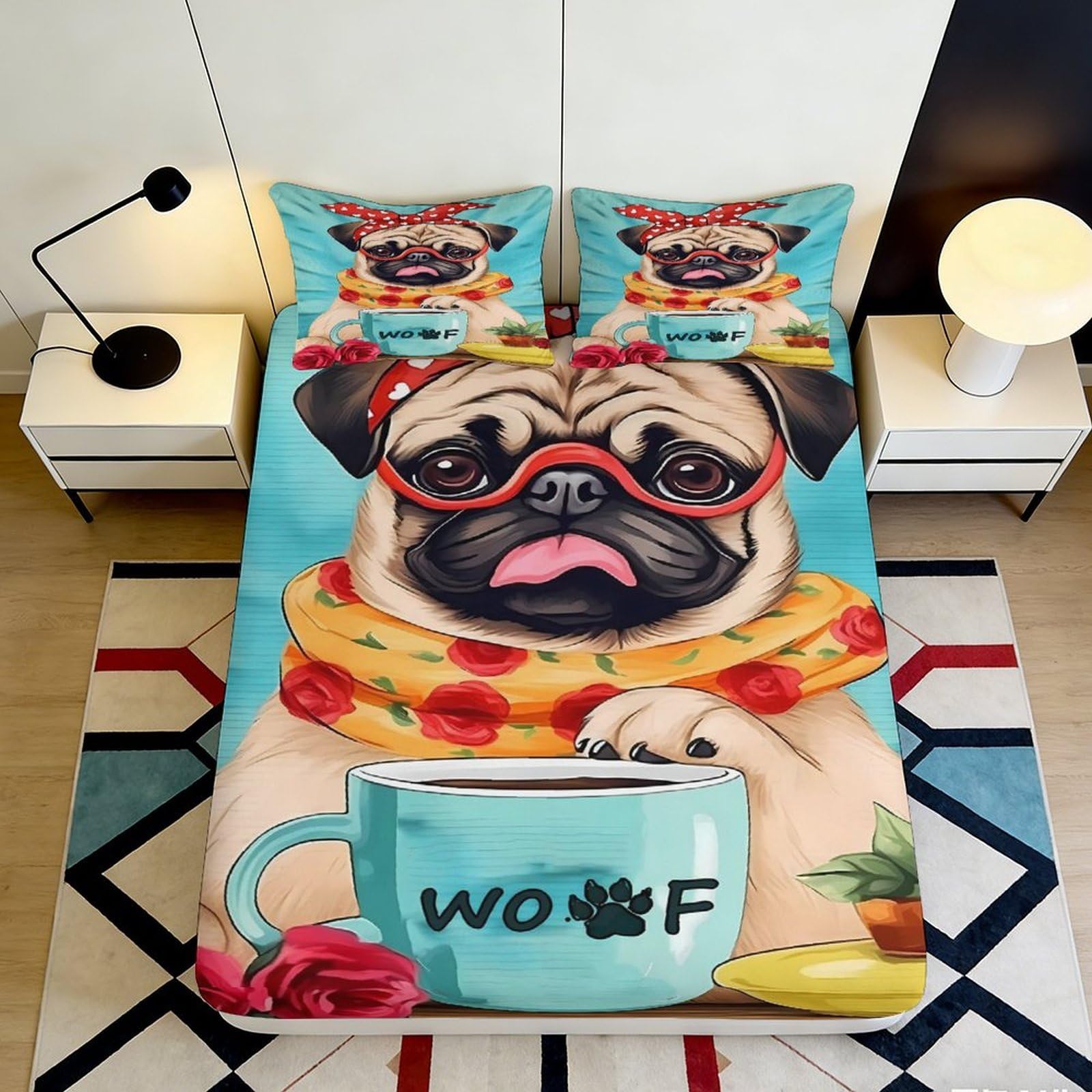 Pnayamiorkfel Style-6 3D Printed Cute Pug Fitted Sheet Microfiber Soft Breathable Cartoon Dog Bed Cover For Bedroom Guest Room Decor 90X200x25cm
