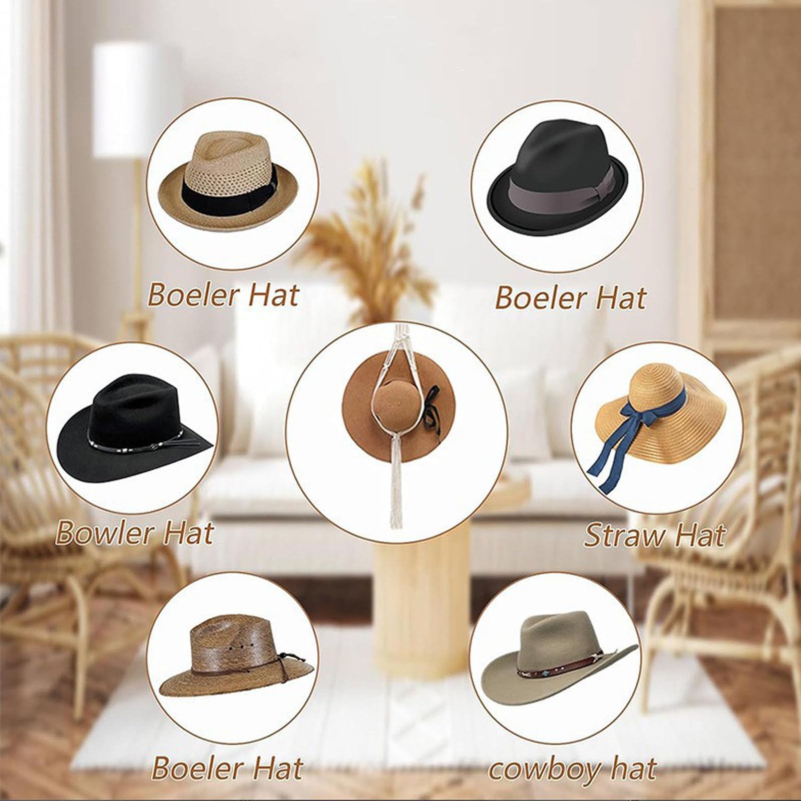 Supporto per cappelli macramè, cappello bohémien, da appendere alla parete, per cappelli a tesa larga, per uomini e donne (D)