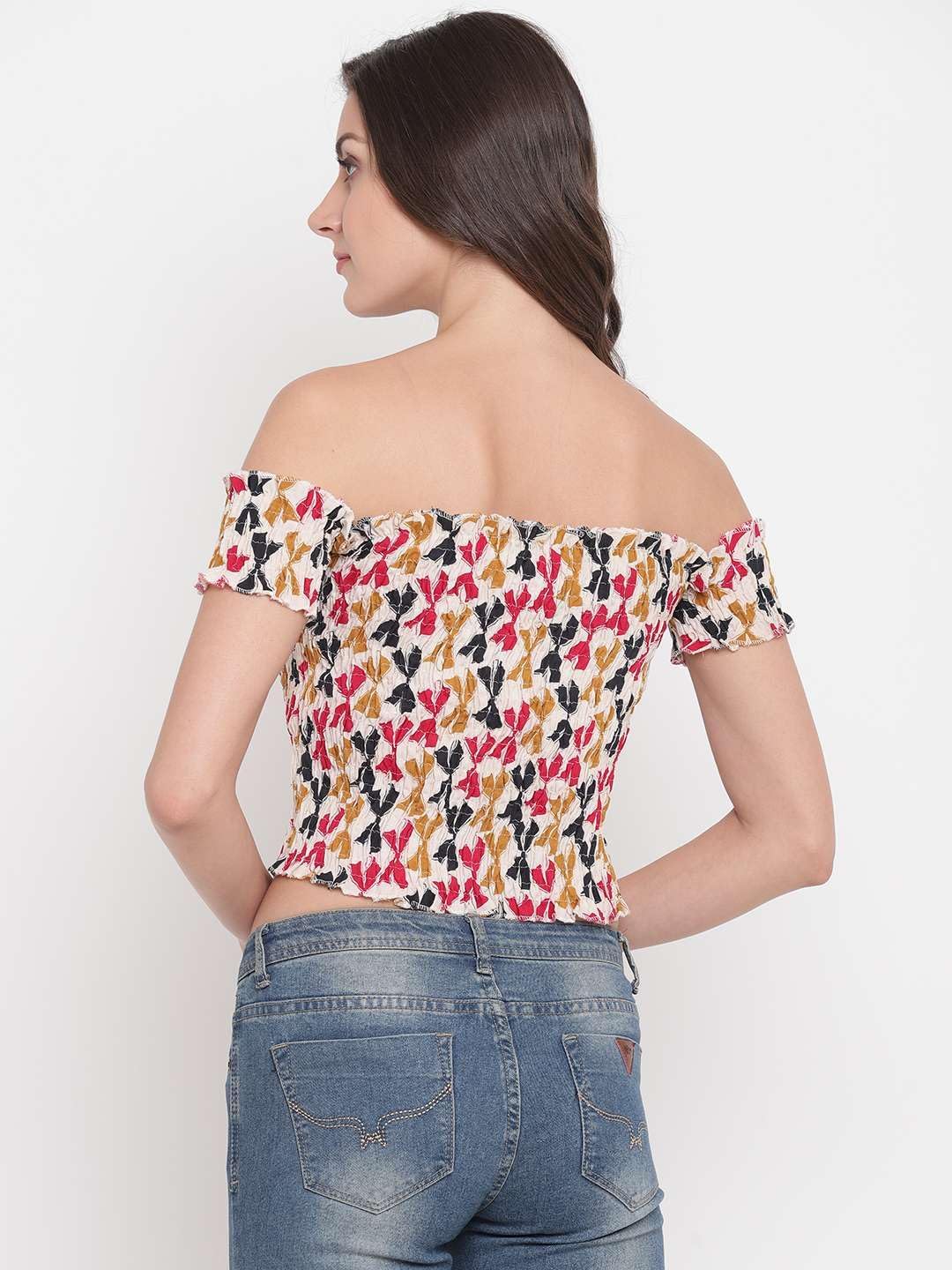 Bigdave Women's Rayon Printed Off-Shoulder Smocked Crop Top Short Sleeve Casual Styles Tank Top (Free Size) Multi31