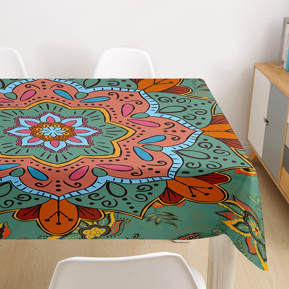 Dotbuy-Shop Green Mandala Tablecloth Waterproof With 4 Clips, Dotbuy Rectangular Tablecloths Easy Wipe Clean Oil-Proof Stain-Resistant Dust-Proof Polyester 3D Printed Table Cover (,140X200cm)