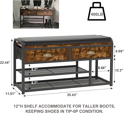Miniatura 2 de Homeiju Banco de entrada de 3 niveles, banco de almacenamiento de zapatos con asientos y cajones acolchados, banco de metal de 35.5 pulgadas, color