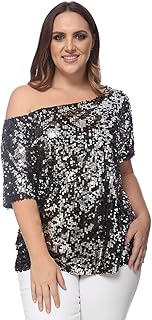 Women's Plus Size Sequin Sexy One Shoulder Short Sleeve Party Club Top
