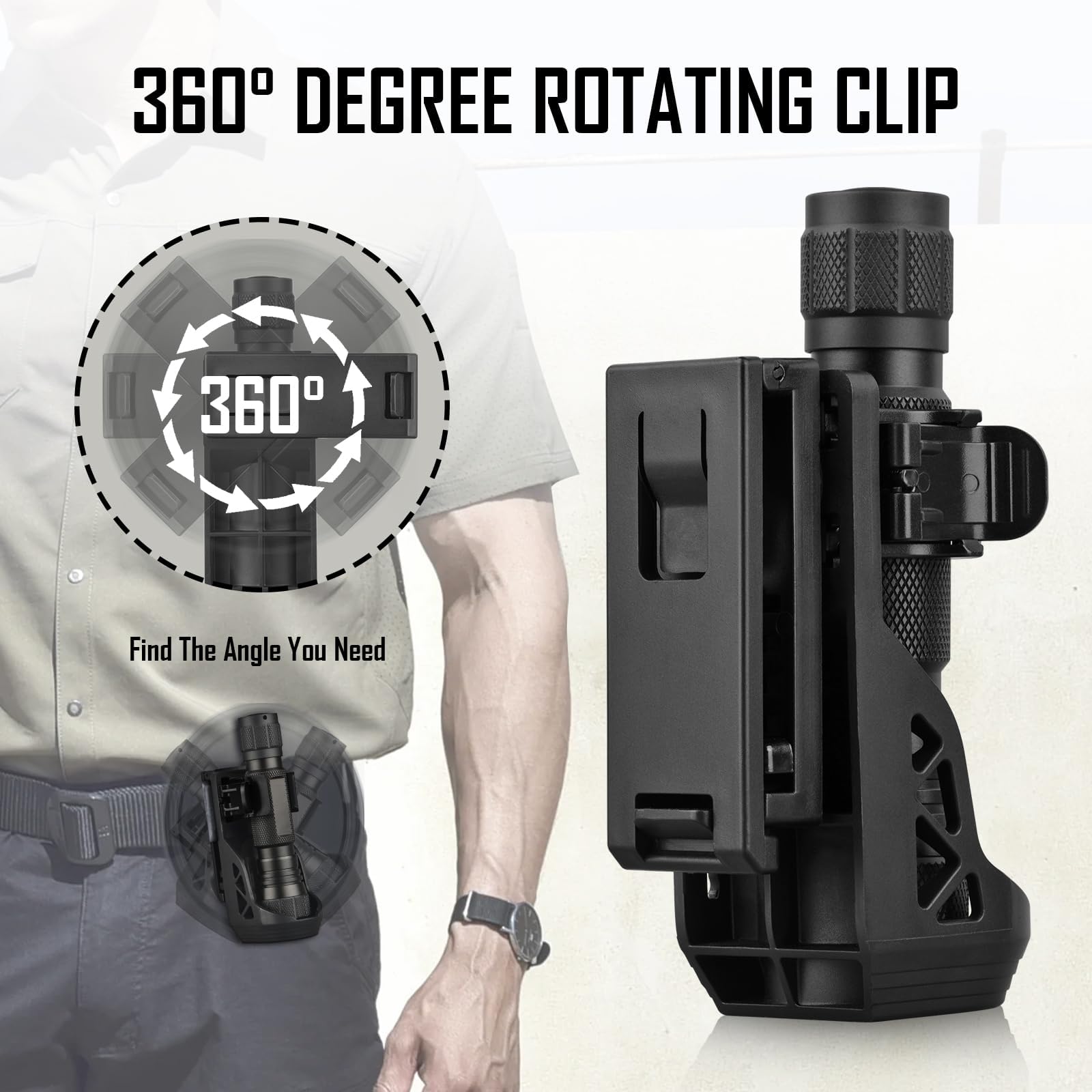 SQLJYU Ruotabile a 360 Gradi Porta Torcia Cinturone, Porta Guanti Cinturone Nero, Supporto per Torcia Tattica Militare, per Torce da 22-32 mm Fondina per Torcia